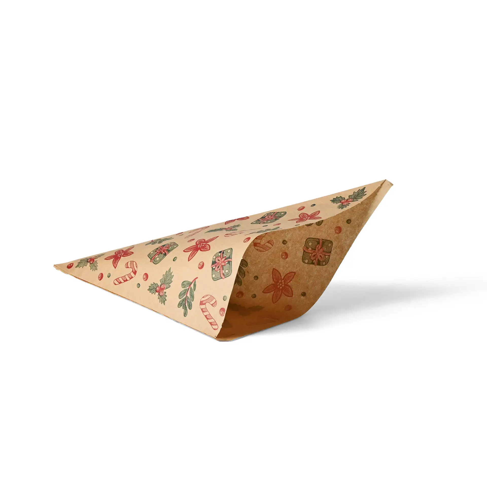 Brown greaseproof bag with winter design, shaped like a cone, measuring 23 x 23 cm.