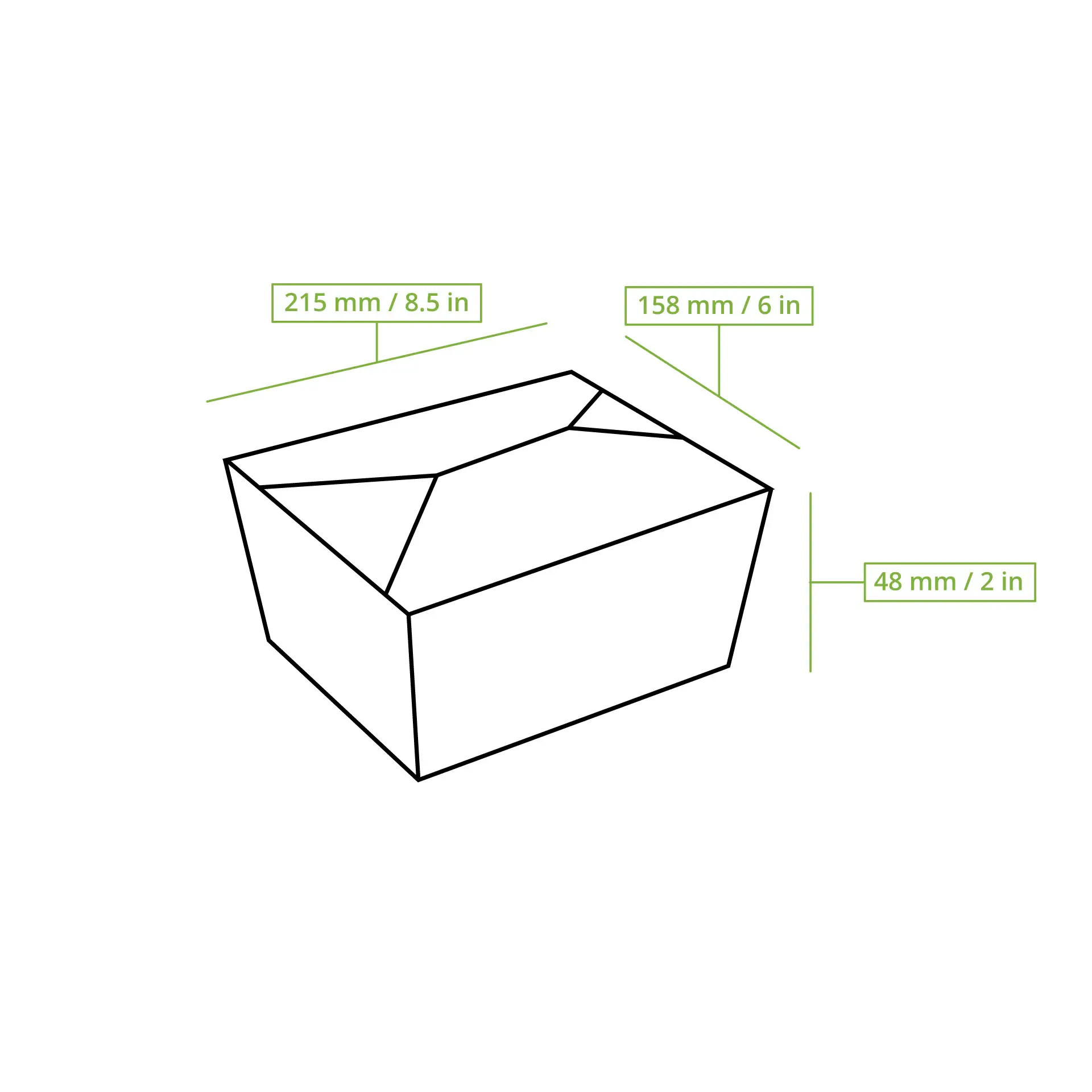 Takeaway-Essensverpackung mit den Abmessungen 215 mm x 158 mm x 48 mm, geeignet für heiße und kalte Gerichte, biologisch abbaubar.
