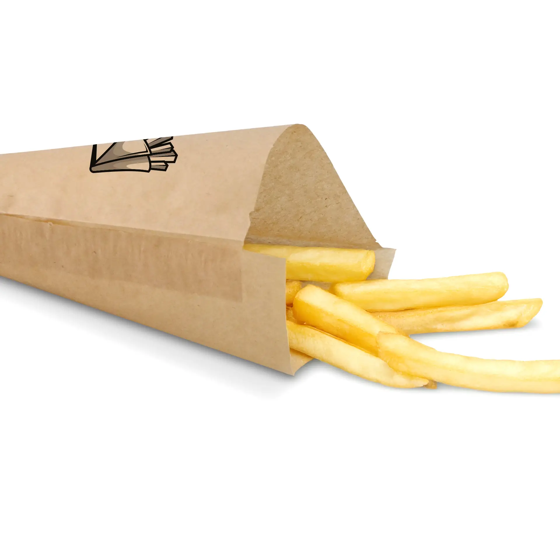 Brown paper cone bag with French fries partially visible, designed for takeaway use, 19 x 19 cm size.