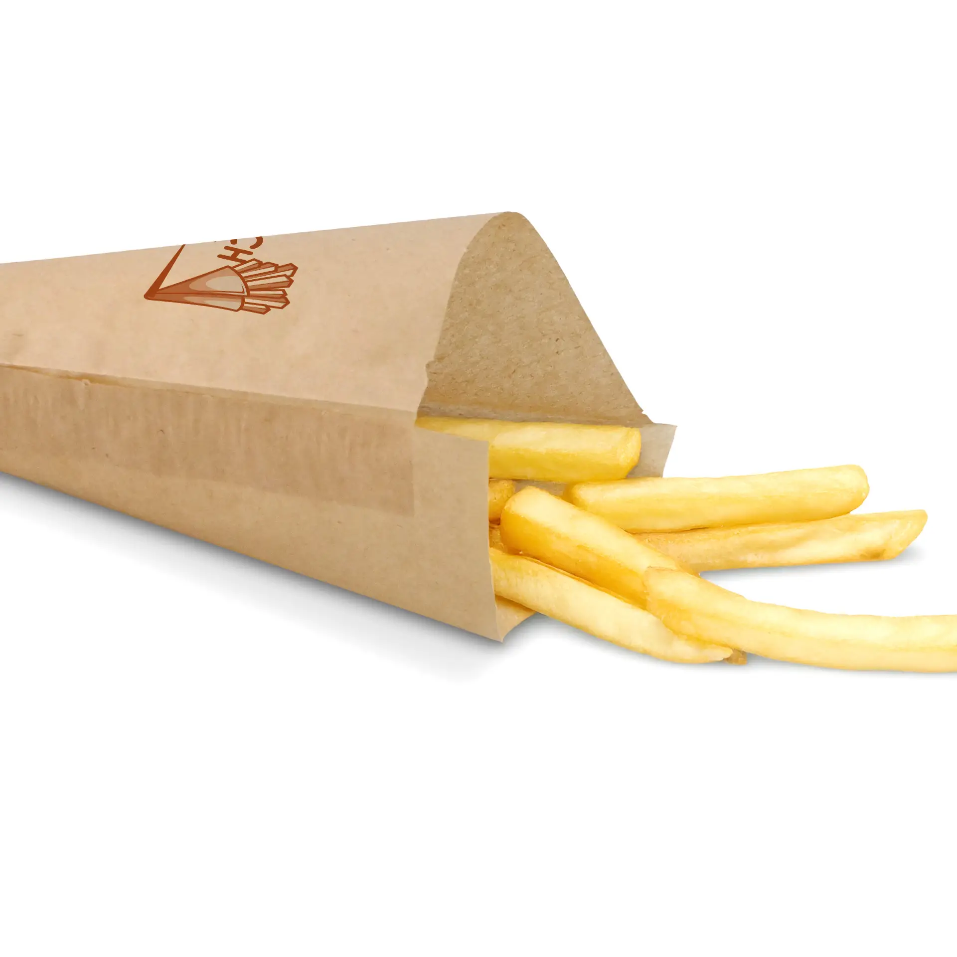 Brown paper cone bag with French fries partially visible, designed for takeaway use, 19 x 19 cm size.