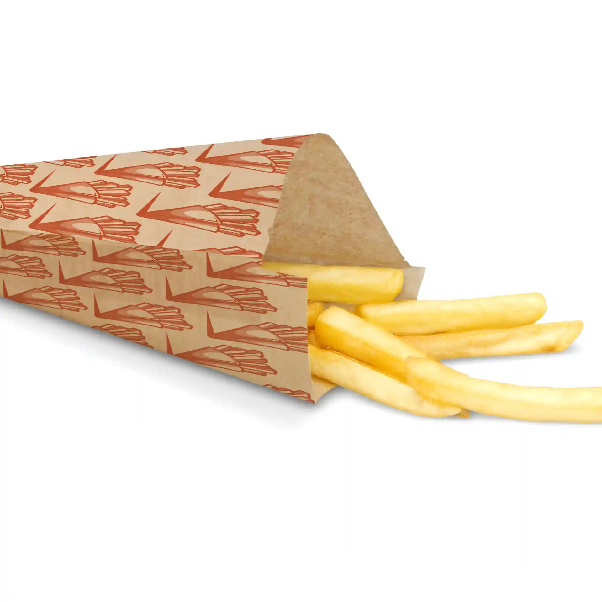 Brown printed paper cone for serving French fries, with fries partially visible inside.