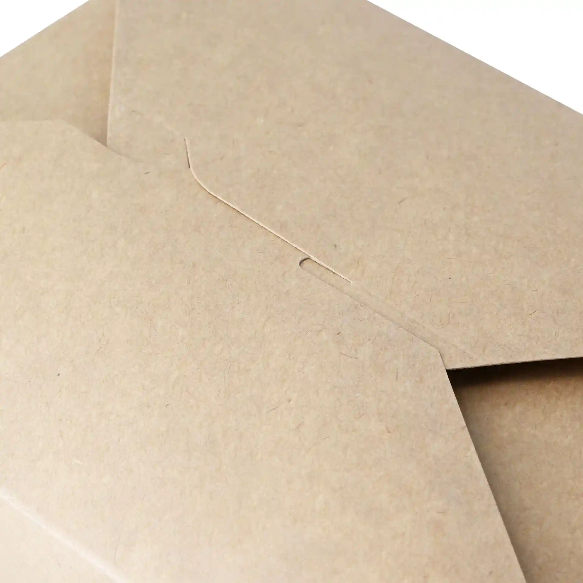 Brown takeaway container with a flap closure, showing the top view and texture of the material.