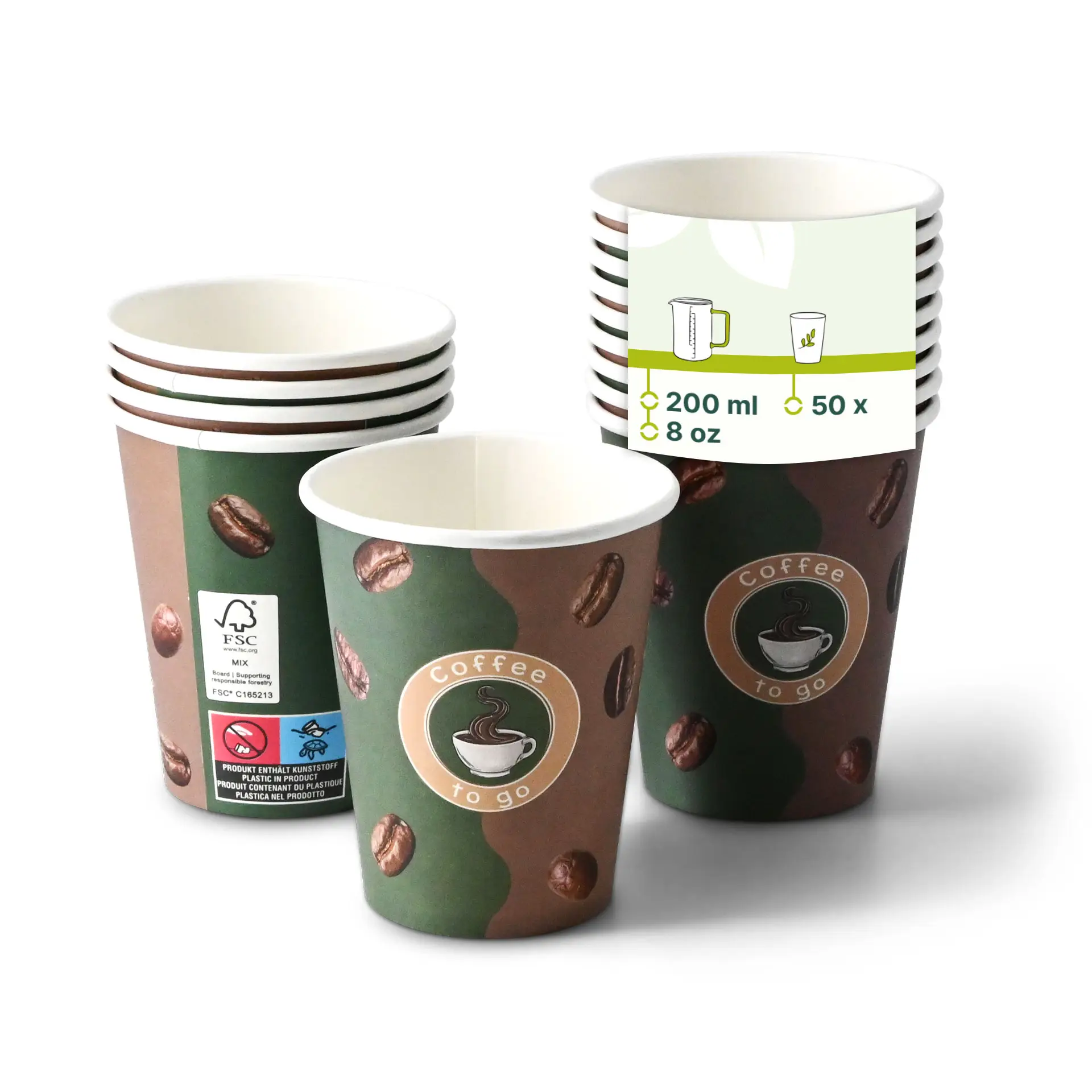 Pappbecher bedruckt "Kaffee" (beschichtet) 200 ml / 8 oz, Ø 80 mm, weiß