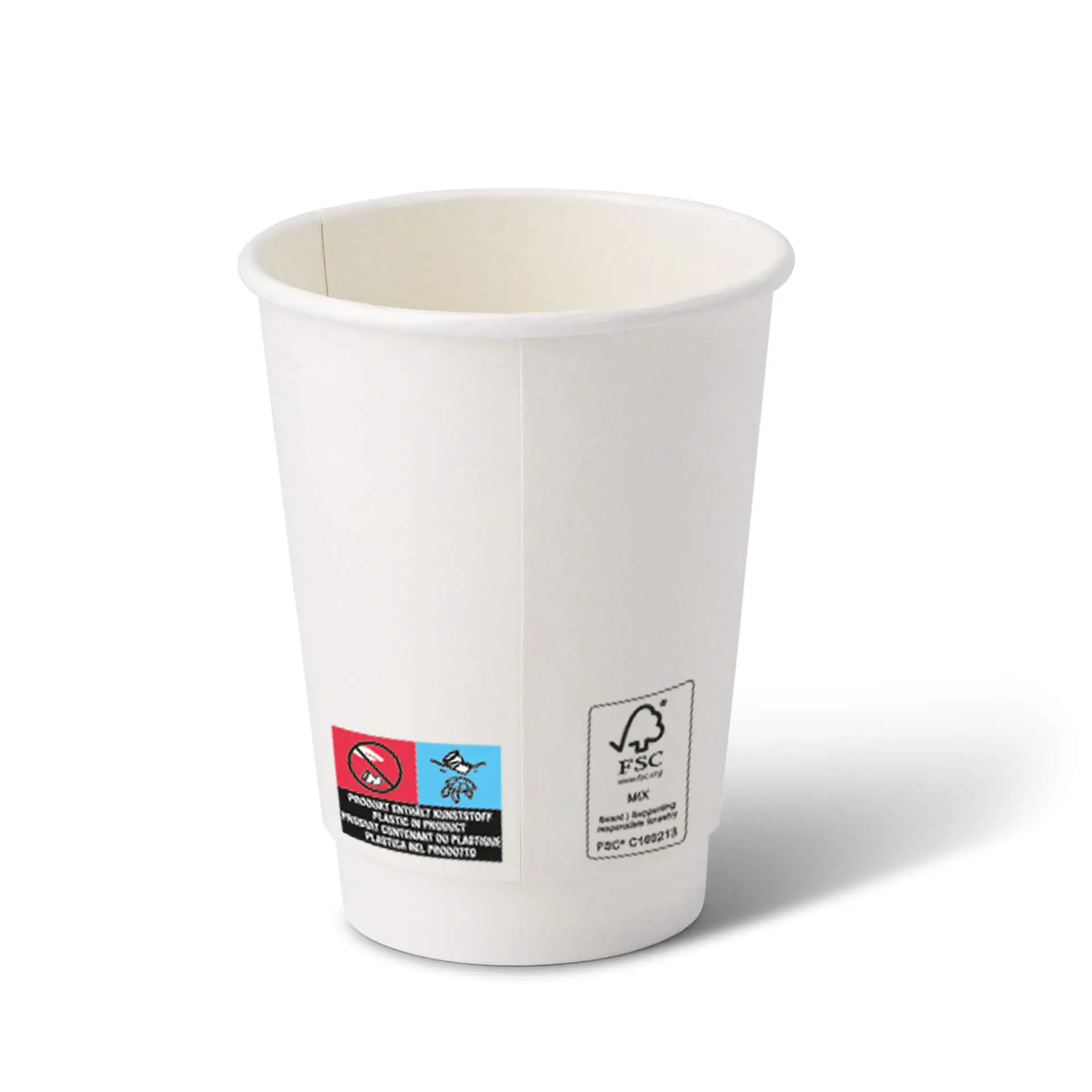 One white double-walled coffee cup with a PE-coating, suitable for hot and cold beverages; labels and symbols visible.