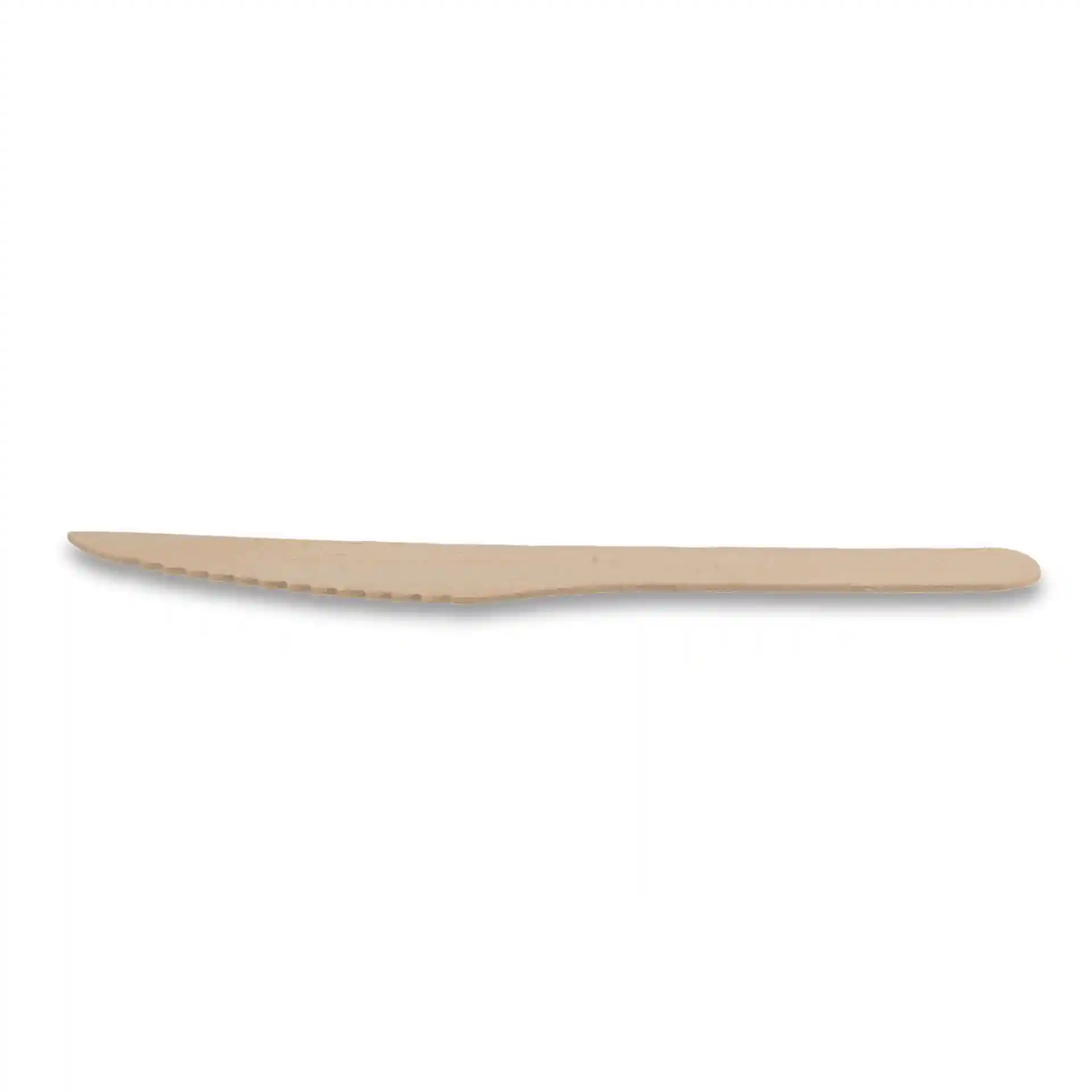 Brown wooden knife, 16.5 cm long, with a serrated edge and a smooth handle.