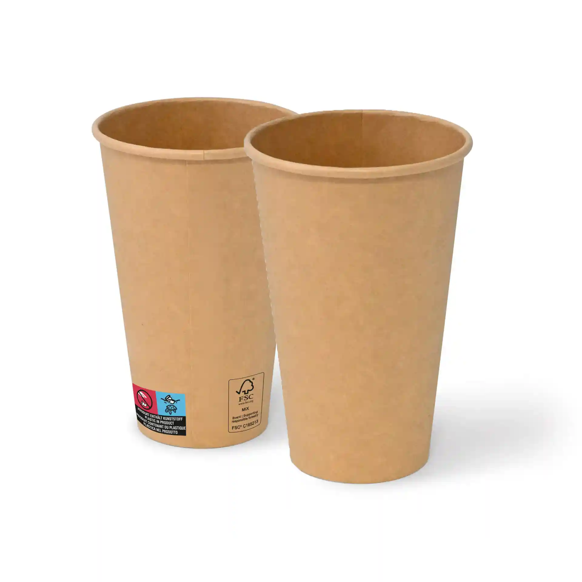 Brown 16 oz paper cups with a round shape, showing two cups with a coated cardboard finish.