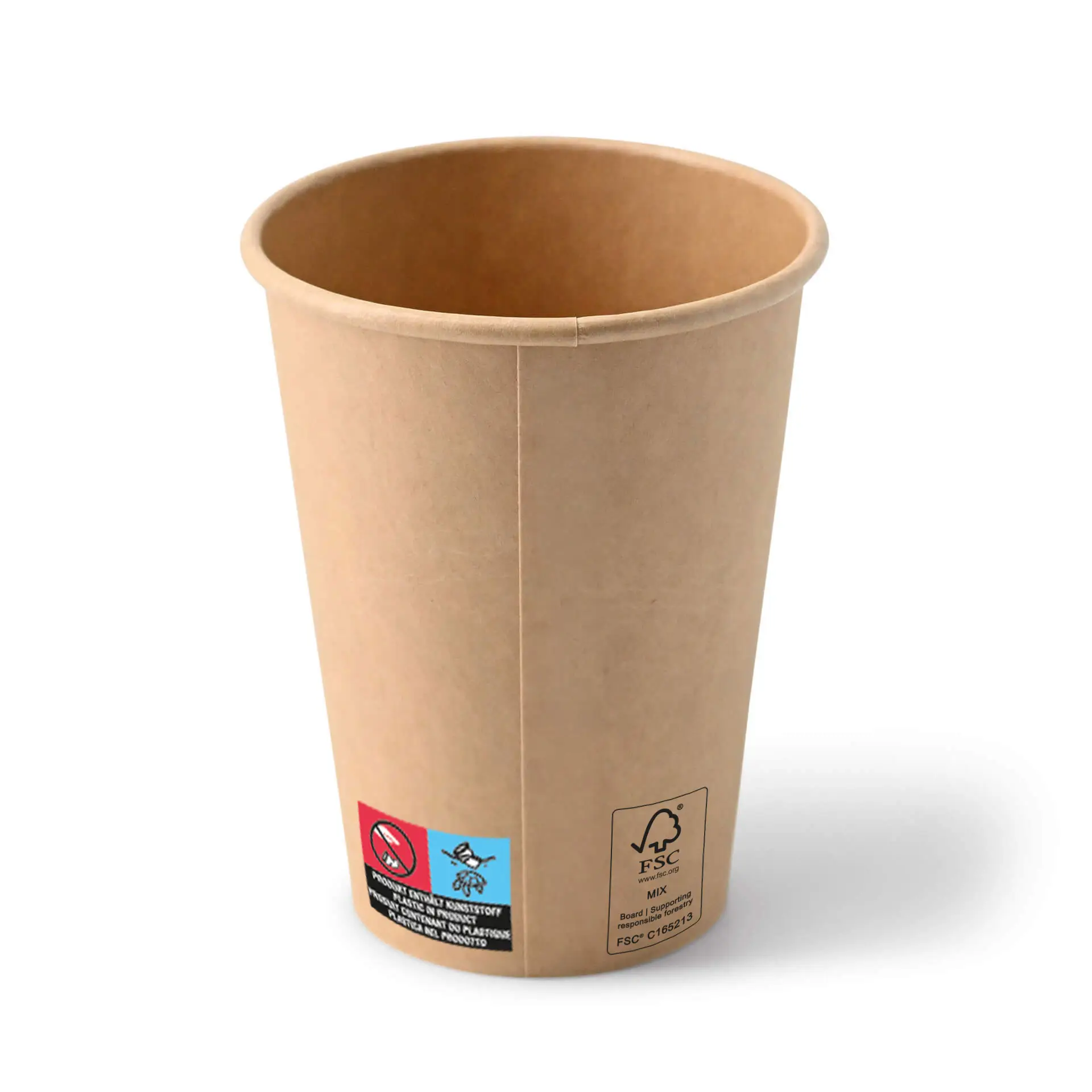 Brown 12 oz paper cup, PE-coated, featuring a classic design and eco-friendly markings. Suitable for hot and cold beverages.