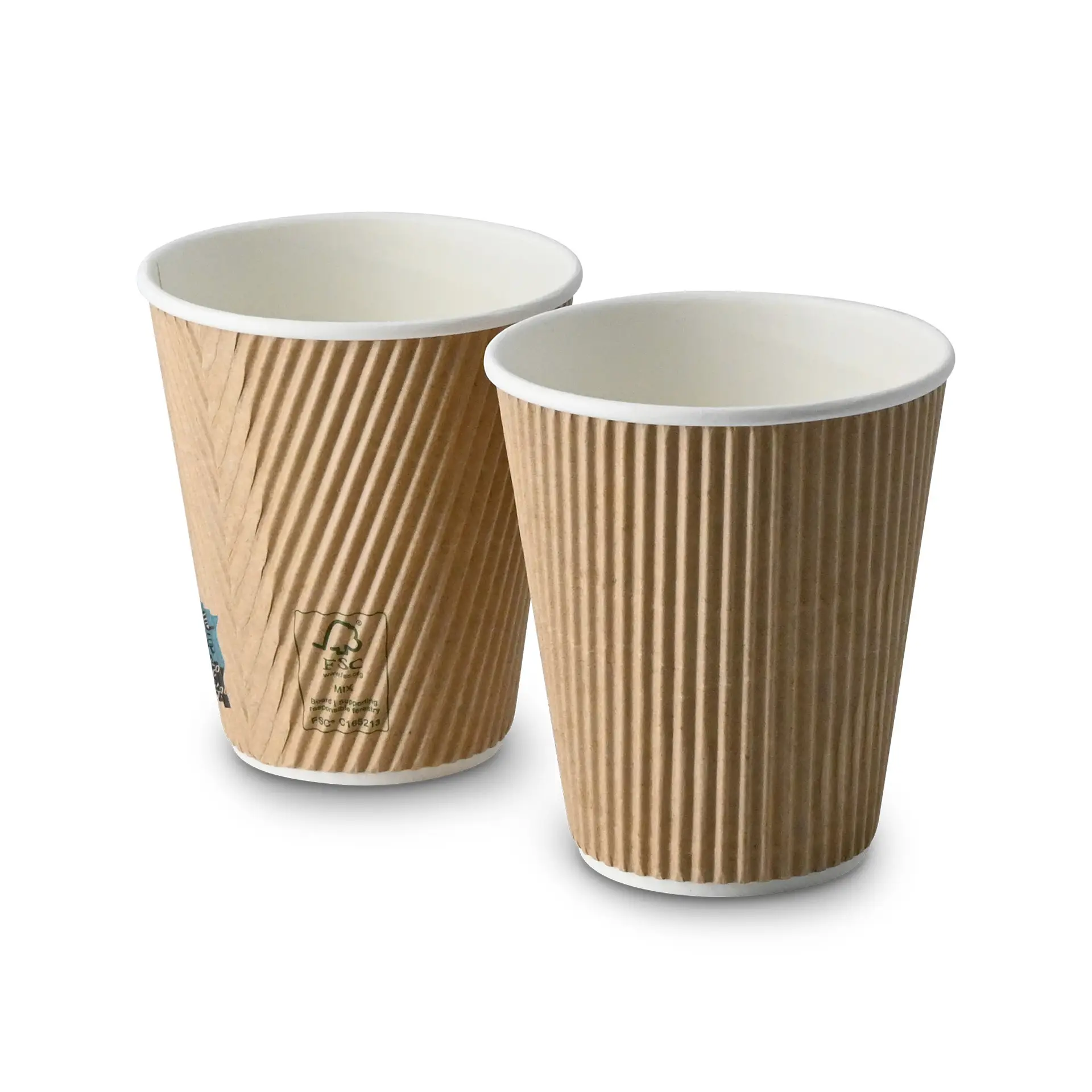 Zwei 10 oz gerippte Becher mit braunem Äußeren und weißem Inneren, einer leicht hinter dem anderen.