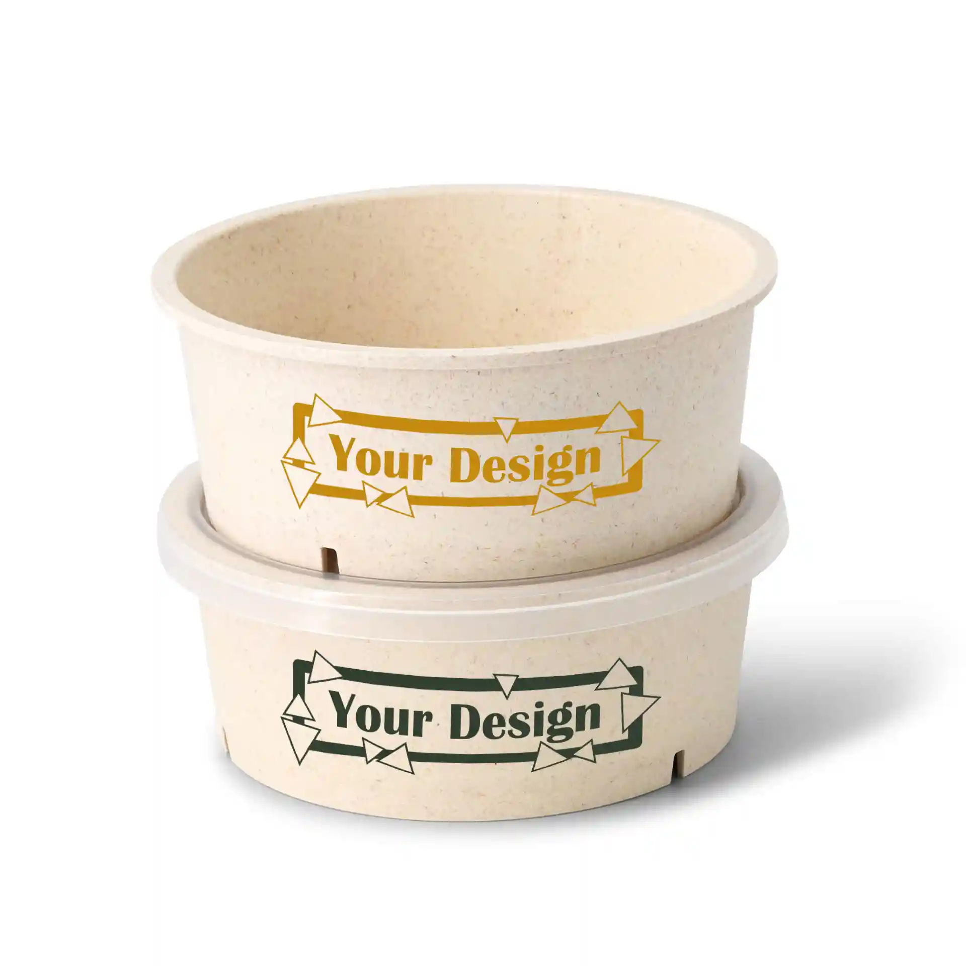 Round reusable bowls in cream-white with printed designs, one with gold and the other with green text.