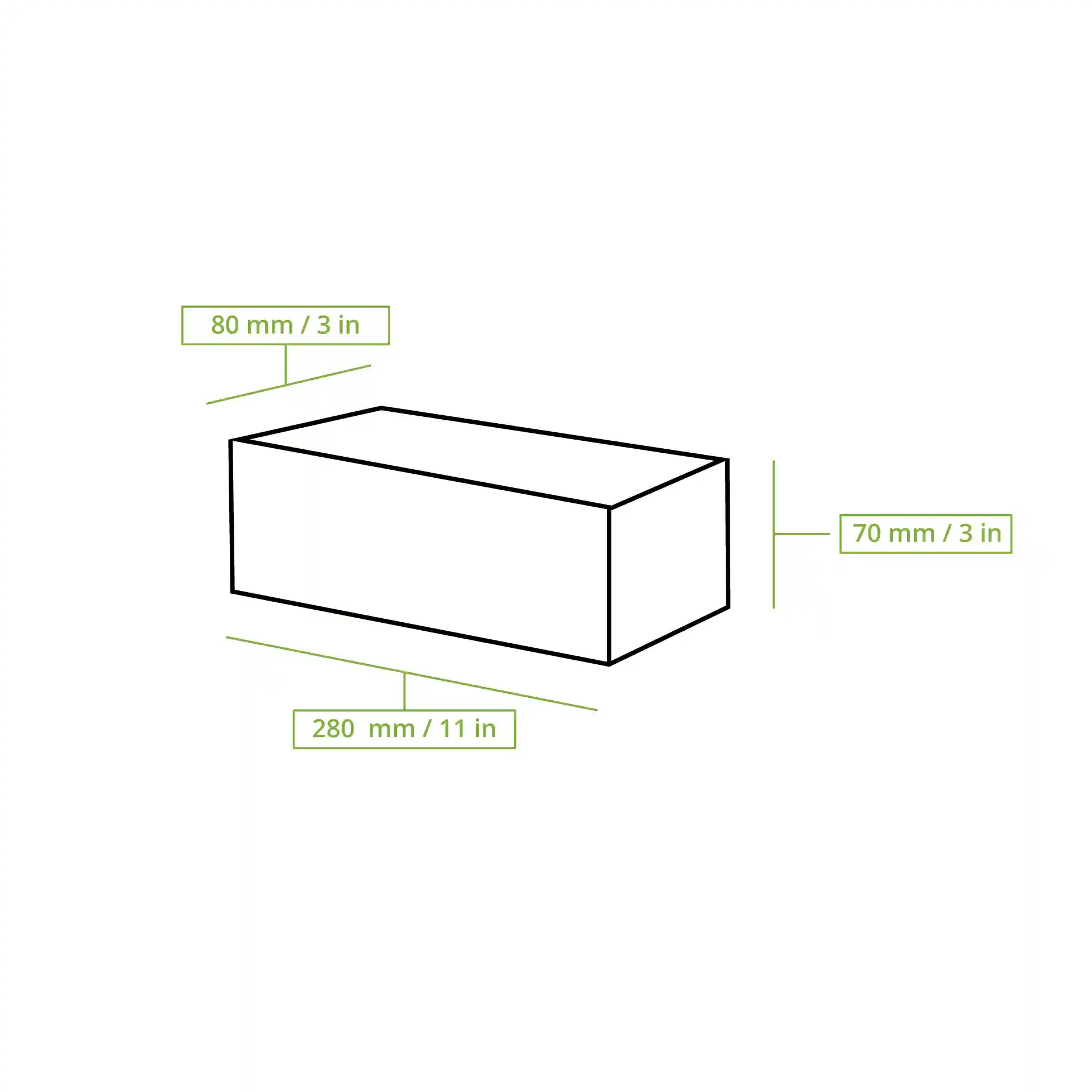 Schematische Zeichnung einer rechteckigen Box mit beschrifteten Abmessungen: 80 mm, 70 mm und 280 mm.