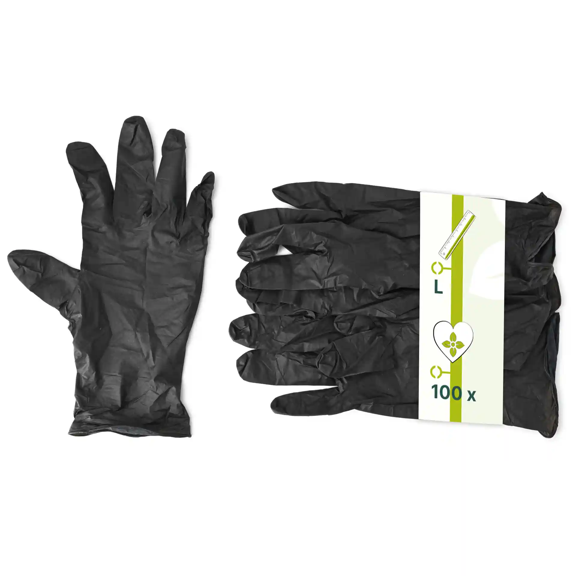 Black nitrile gloves, size L, with one glove shown separately and a pack of multiple gloves displayed.