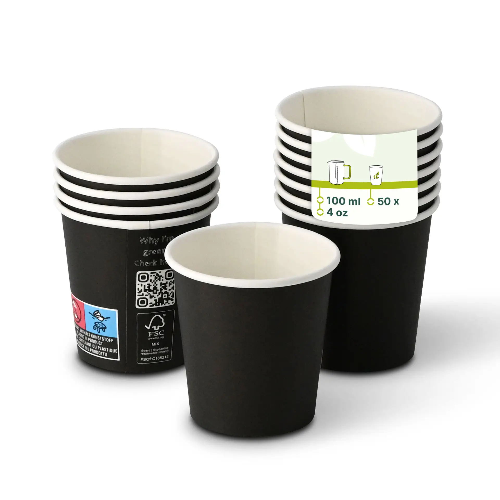 Pappbecher 100 ml / 4 oz, Ø 62 mm, einwandig, schwarz, PLA-beschichtet