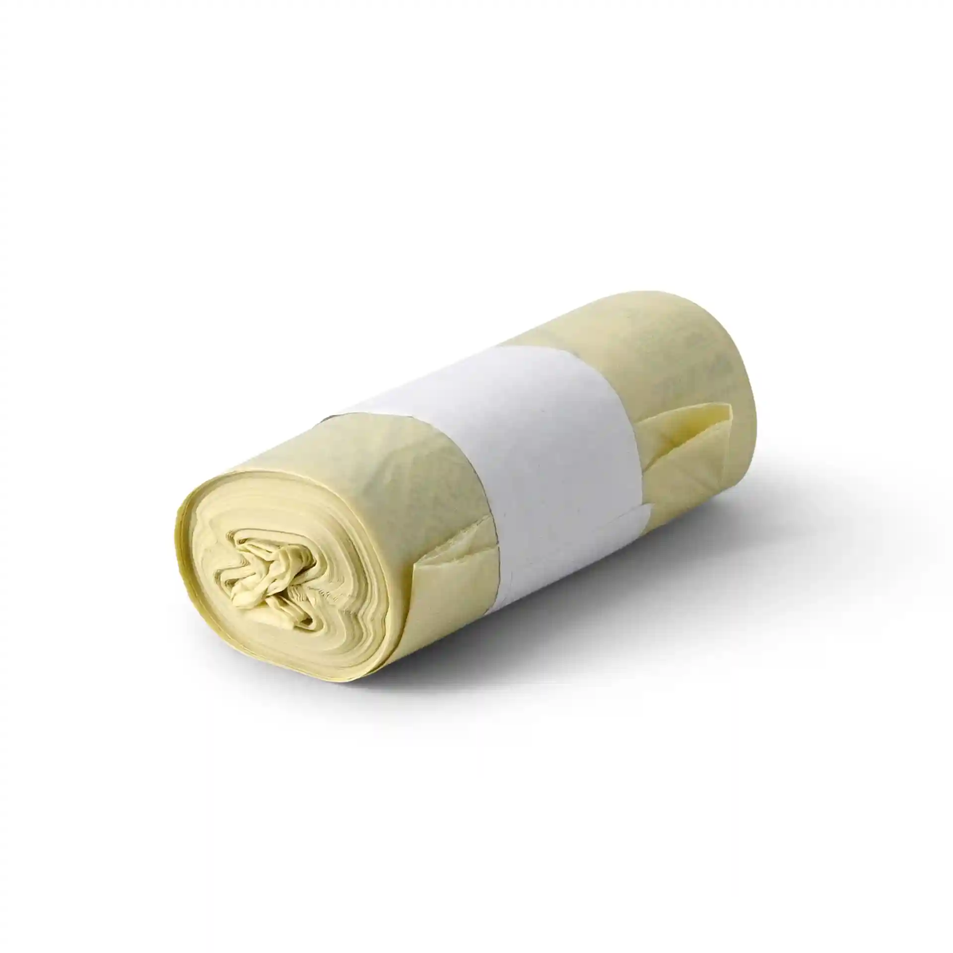 Rolle transparenter Bio-Müllsäcke aus PLA, 50x60 cm, mit weißem Band gesichert.