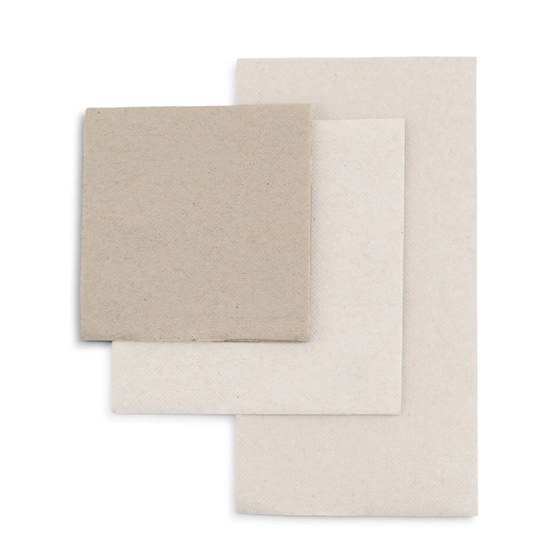 Square recycled cocktail napkins in unbleached paper, featuring three sizes stacked, with visible recycling symbols.
