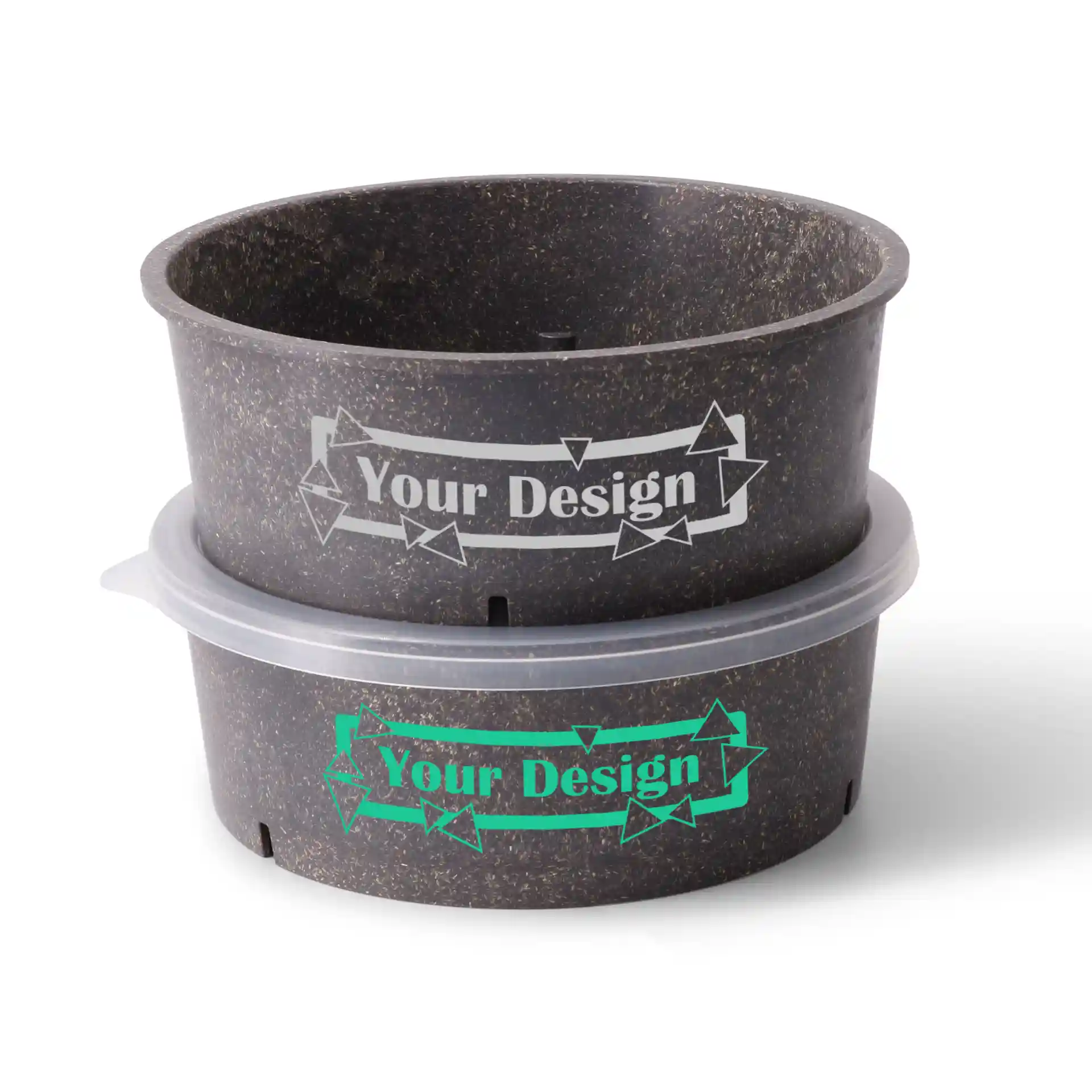 Round reusable bowls in grey, one on top of the other, with printed designs and a clear lid on the lower bowl.