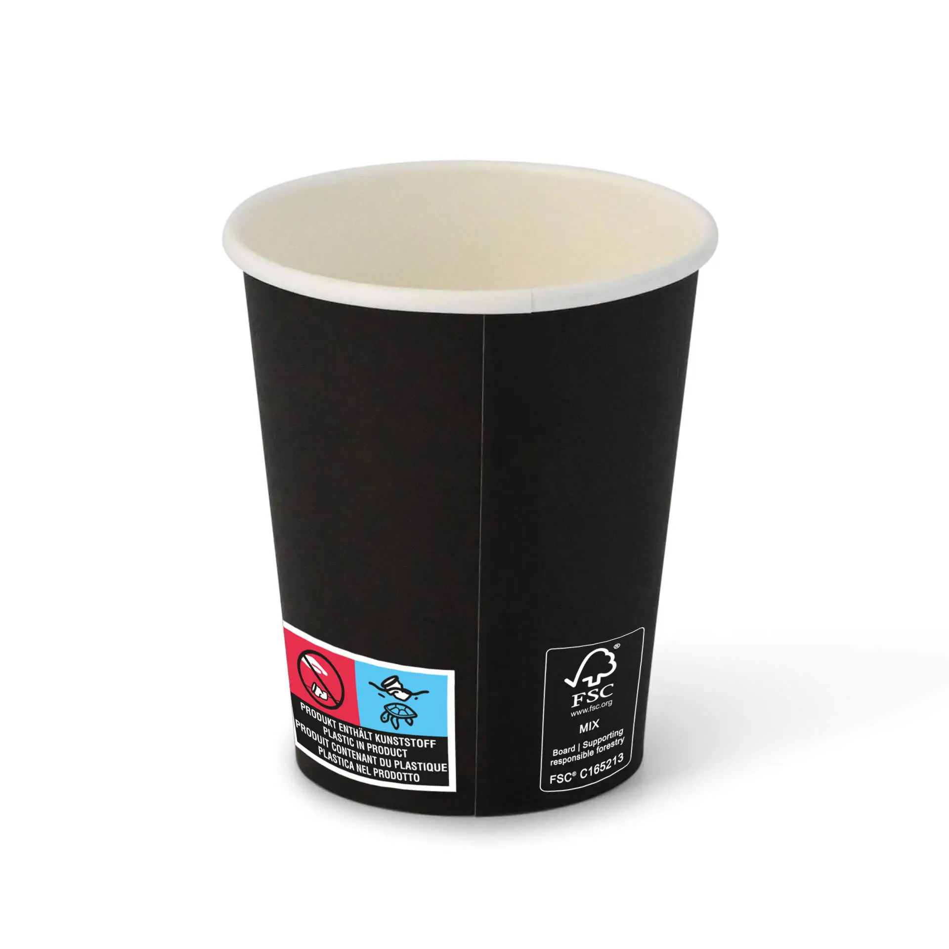 Black paper cup (8 oz) with PE coating and classic design; features labeling with icons and certification marks.