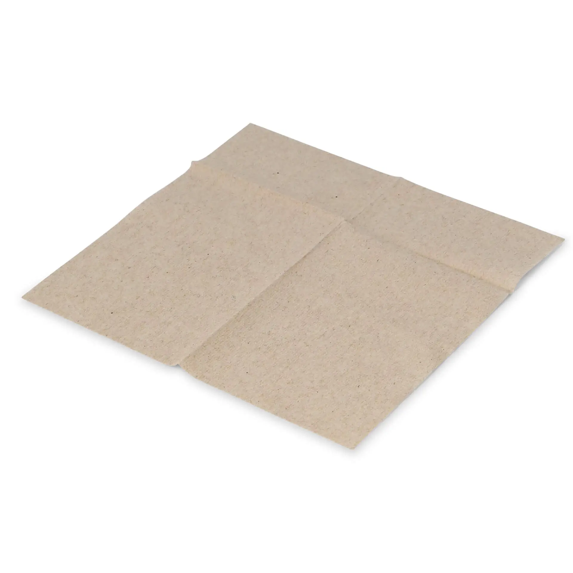 Unbleached rectangular rPaper napkin, 12 x 8.5 cm, folded, with a recycling symbol printed on the surface.