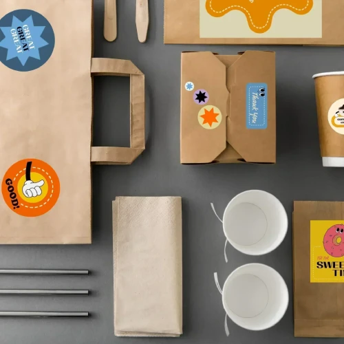 Eine Sammlung von Verpackungen für Lebensmittel, einschließlich einer Papiertüte, Schachteln, Bechern und Besteck mit bunten Etiketten und Aufklebern.