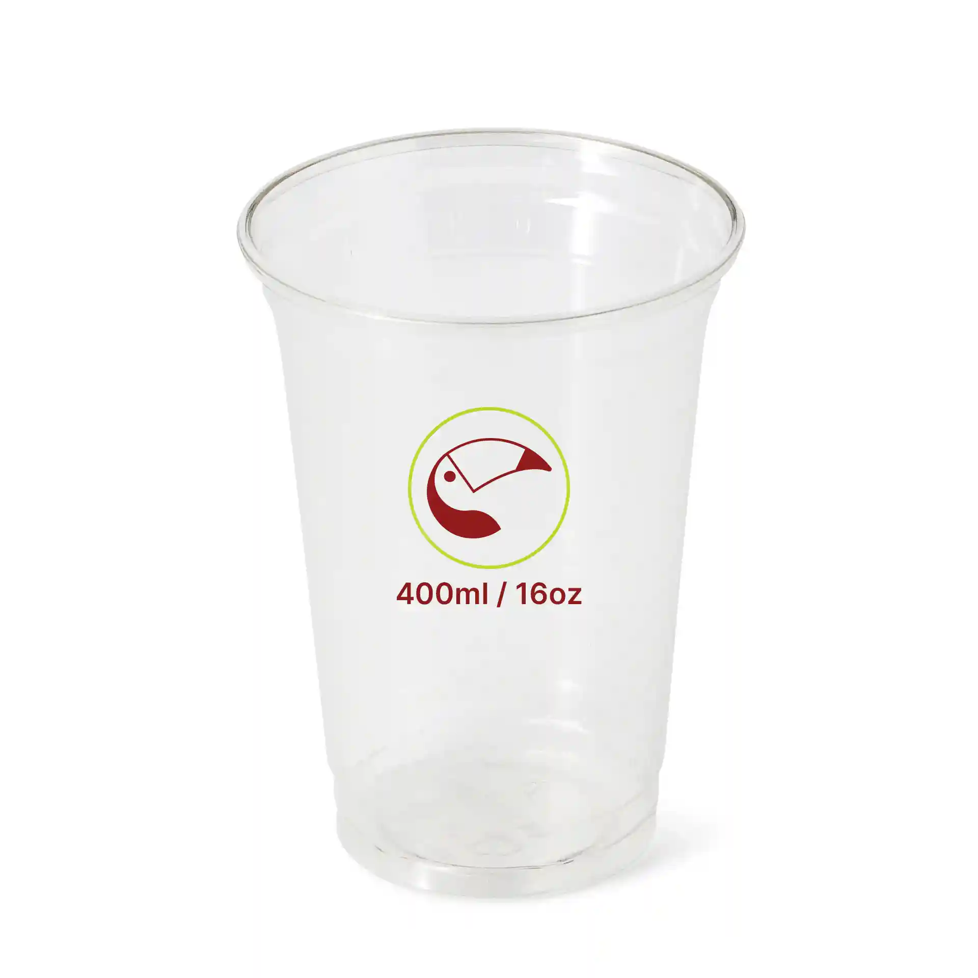 Klarer 16 oz rPET Becher mit einem Garnelensymbol und Markierungen für 400 ml / 16 oz Kapazität.