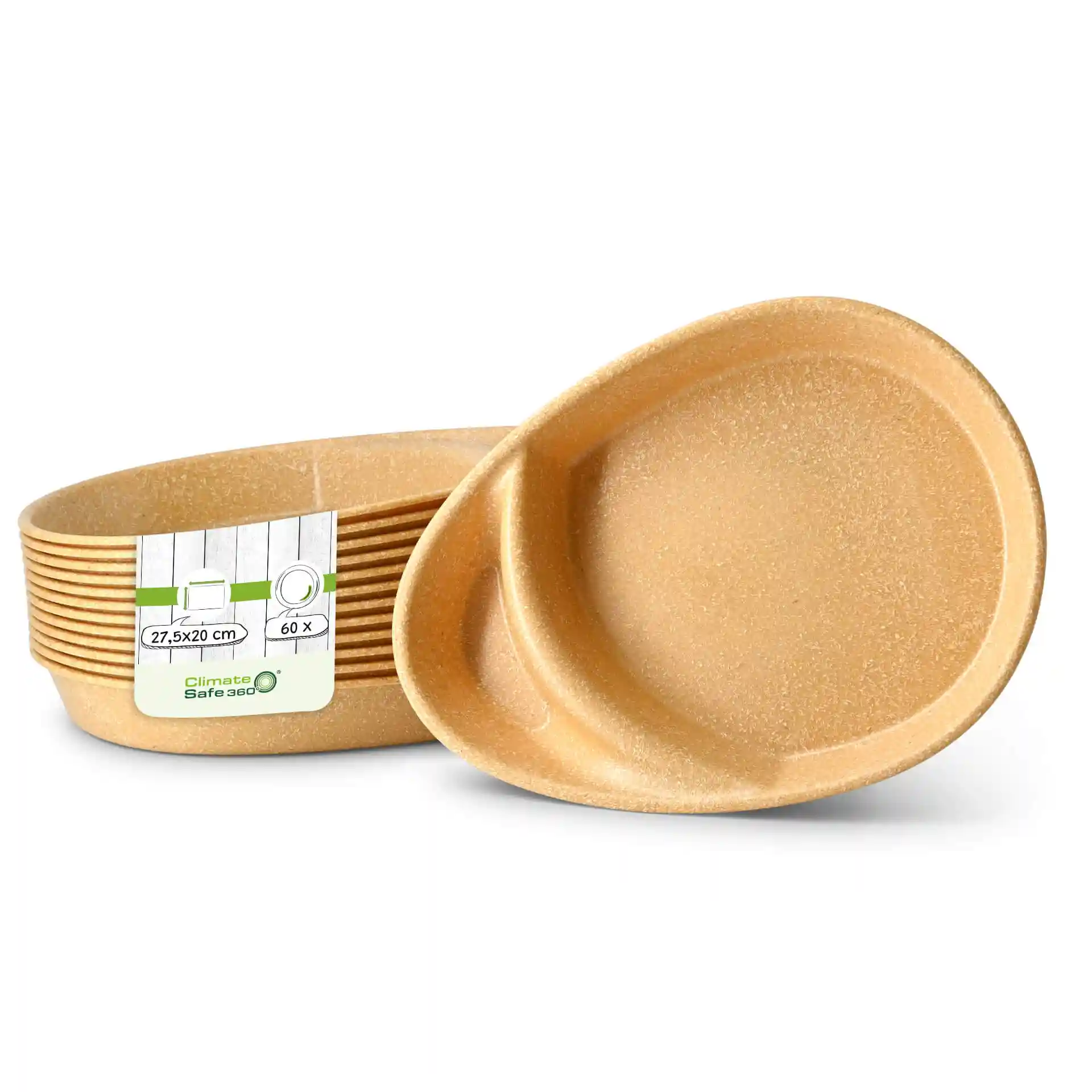 Reusable divided plates in caramel brown, featuring two compartments and measuring 27.5 × 20 cm.