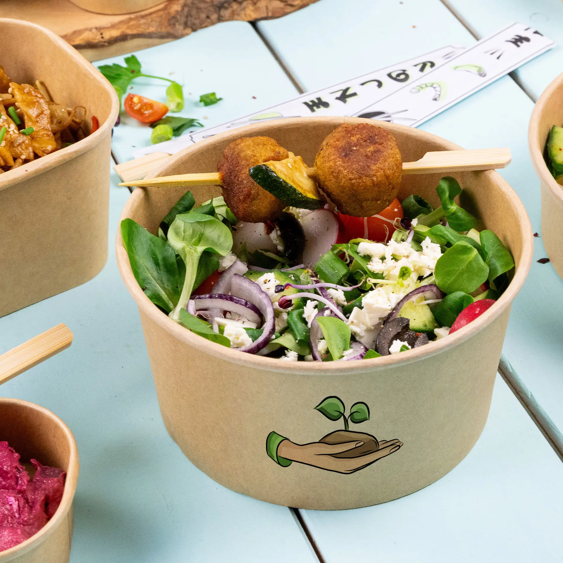 Custom salad bowls / Printed bowls, 800 ml, Ø 150 mm, brown, PLA-coated