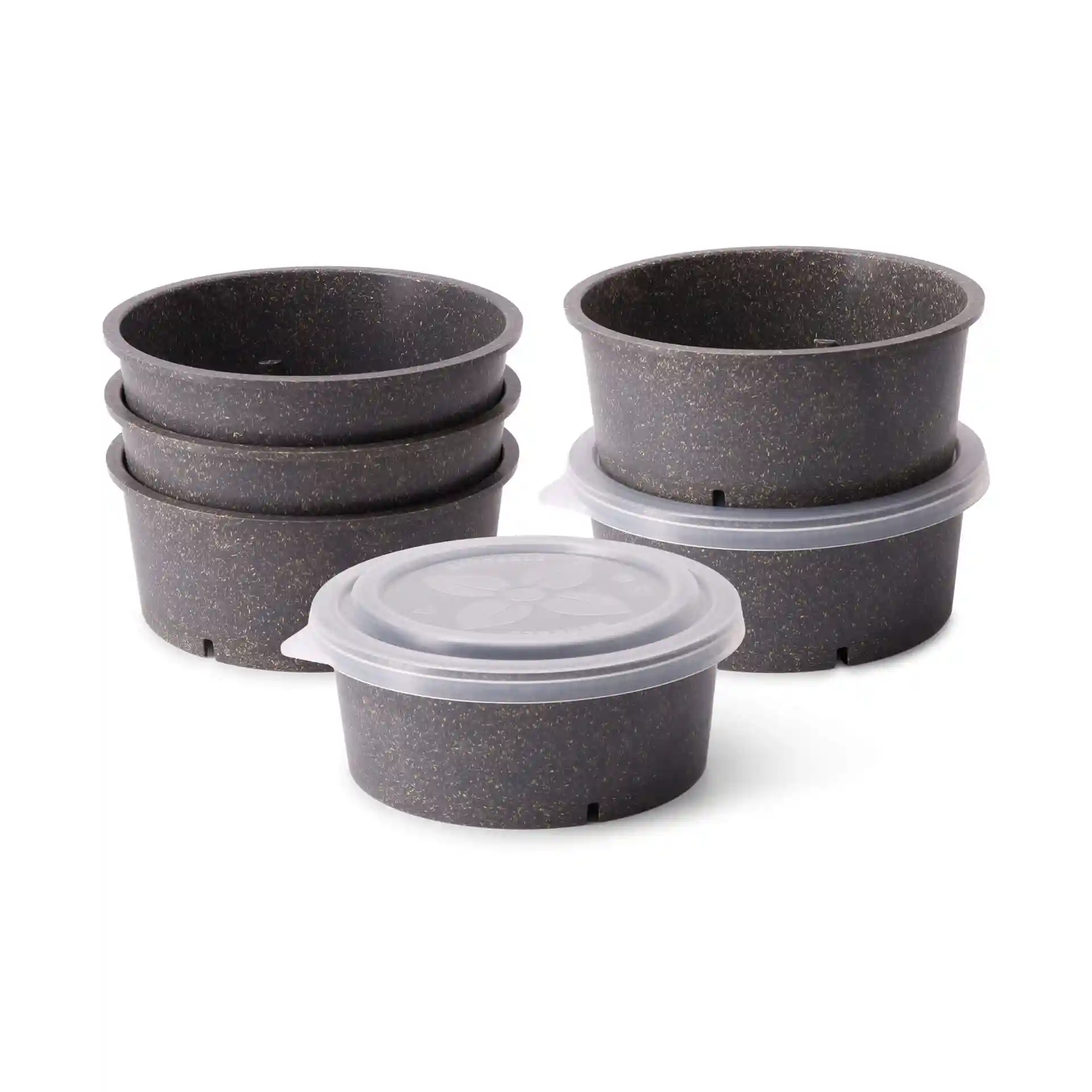 Set aus vier grauen wiederverwendbaren Schalen mit Deckeln, Durchmesser 156 mm, Höhe 60 mm.