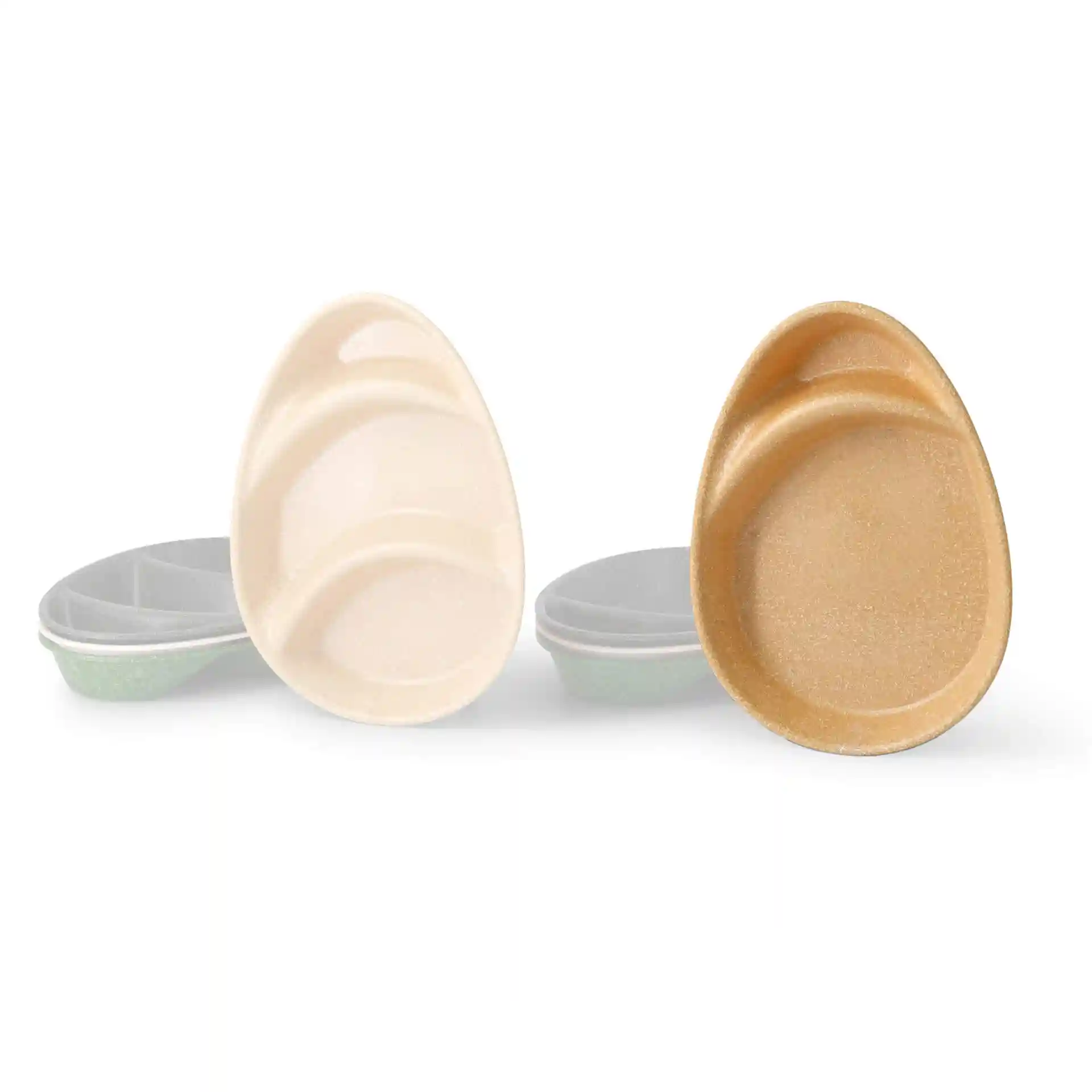 Image of two reusable divided plates in teardrop shape, one caramel brown with two compartments and one light color.