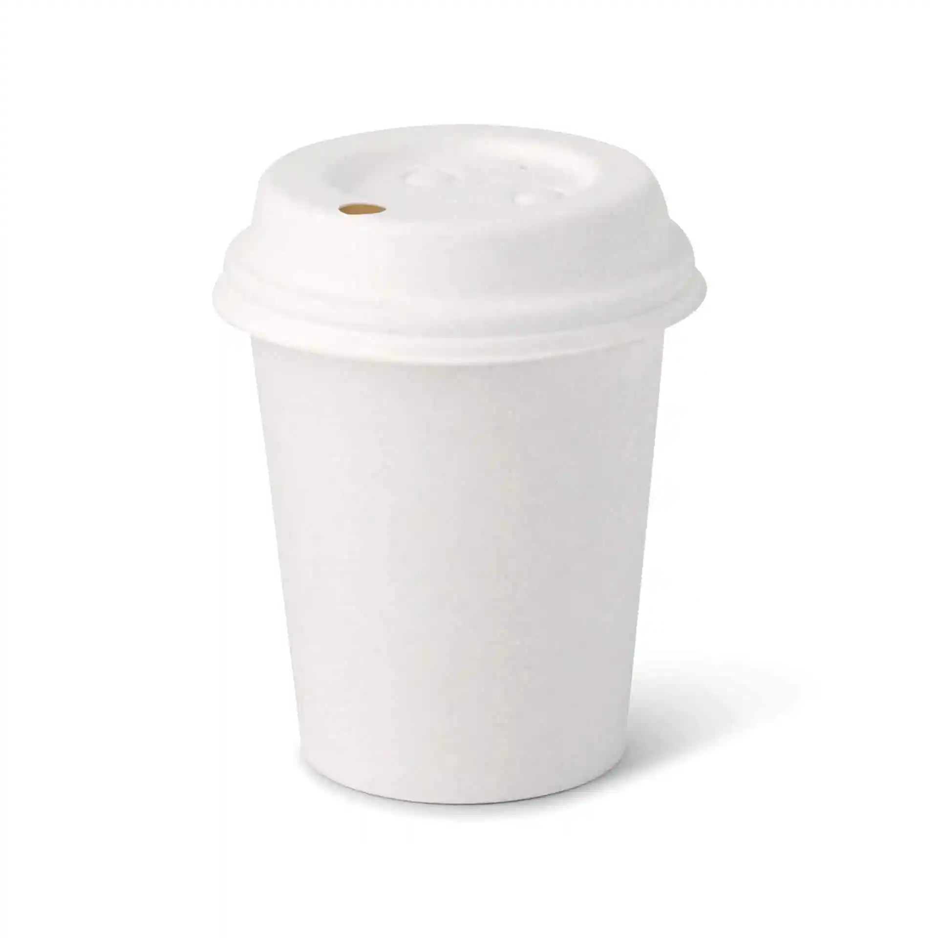 Weißer 8 oz Pappbecher mit runder Form und beschichteter Oberfläche, mit einem Deckel und kleinem Loch.