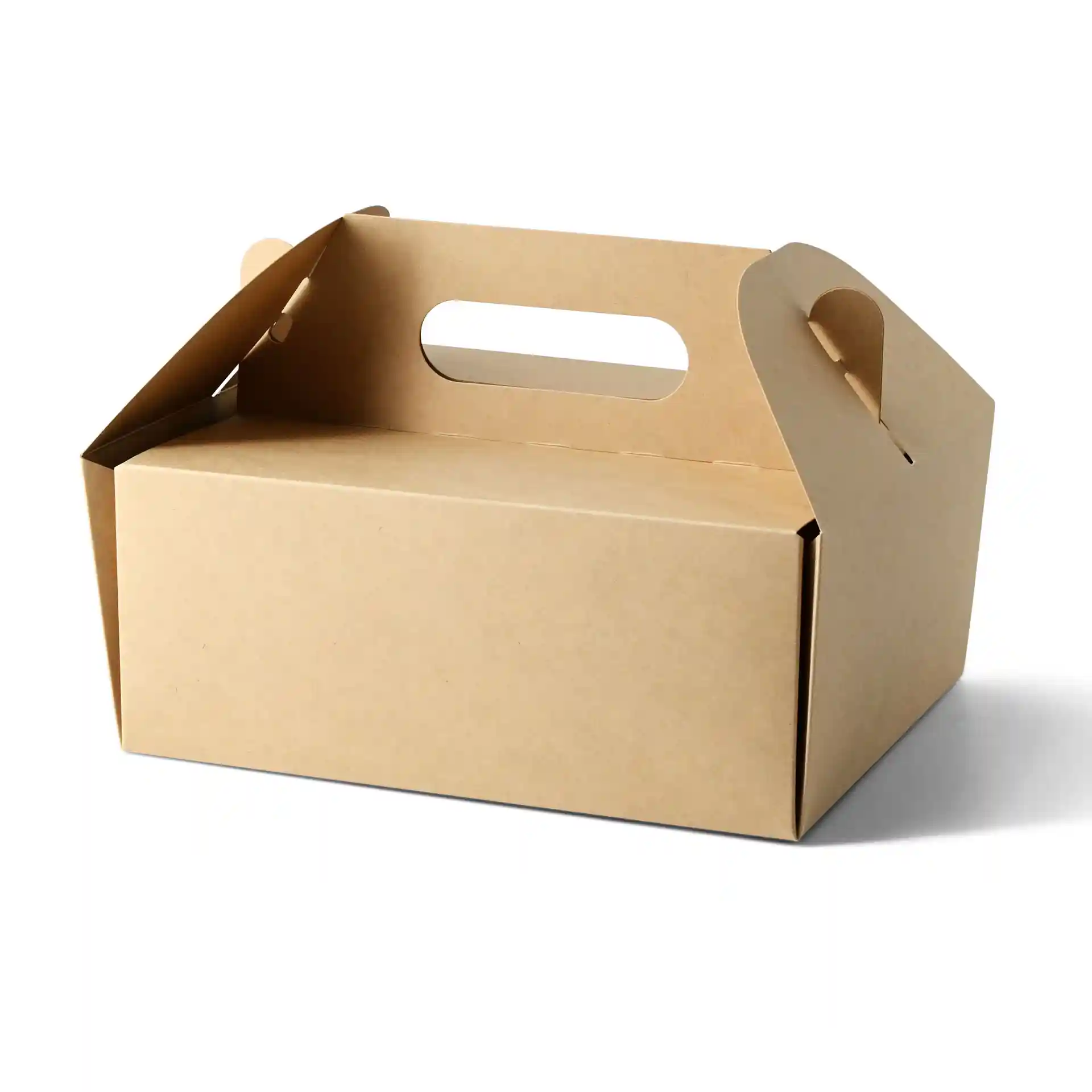 Braune rechteckige Pappbox mit Griff, 21 x 17 x 9 cm groß, faltbares Design.