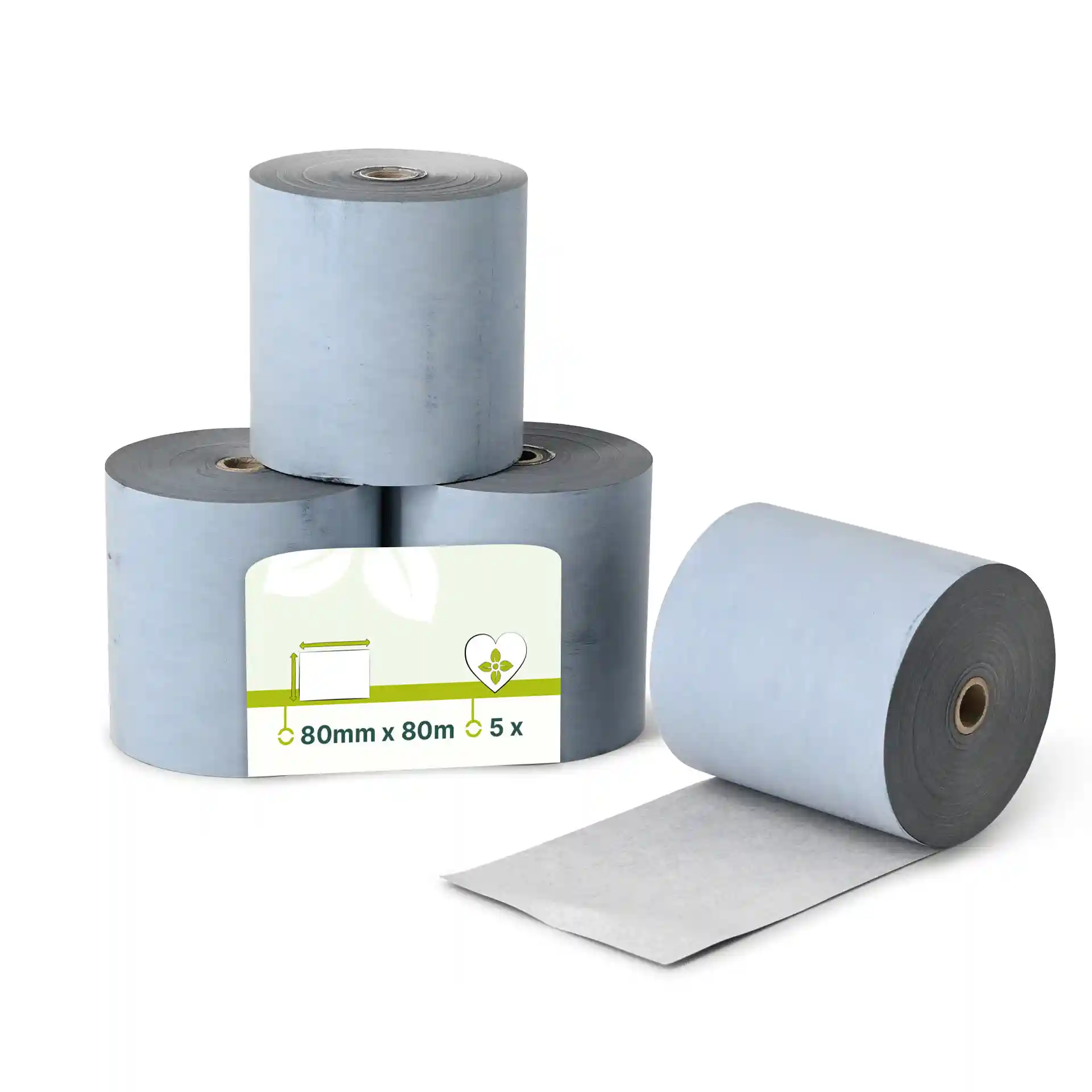 Three rolls of grey thermal paper for cash registers, each measuring 80 mm x 80 m, with one roll partially unrolled.