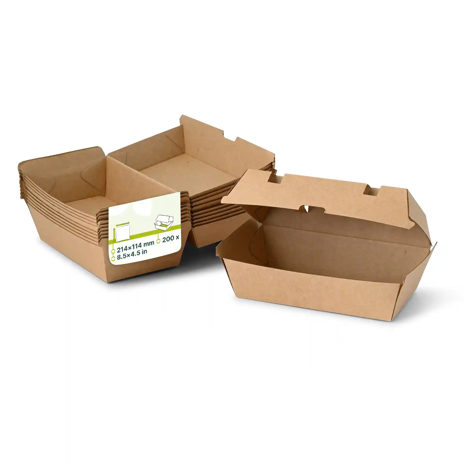 Brown cardboard food boxes with hinged lids, rectangular shape, dimensions 214 x 114 x 85 mm, several stacked.