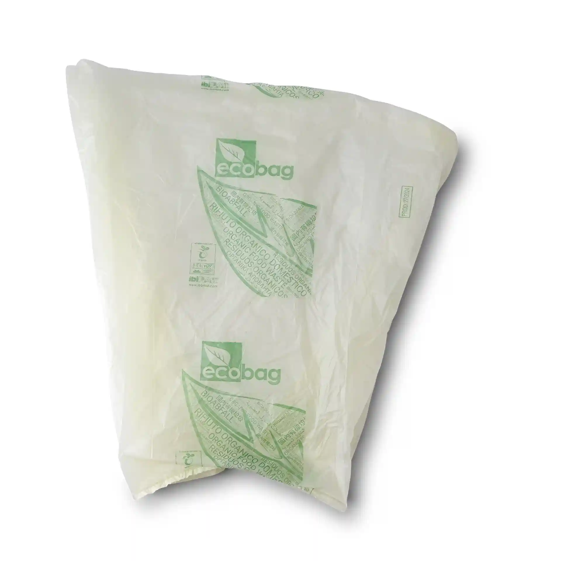 Transparent bio bin bag made of PLA, measuring 42x42 cm, with green printed markings.