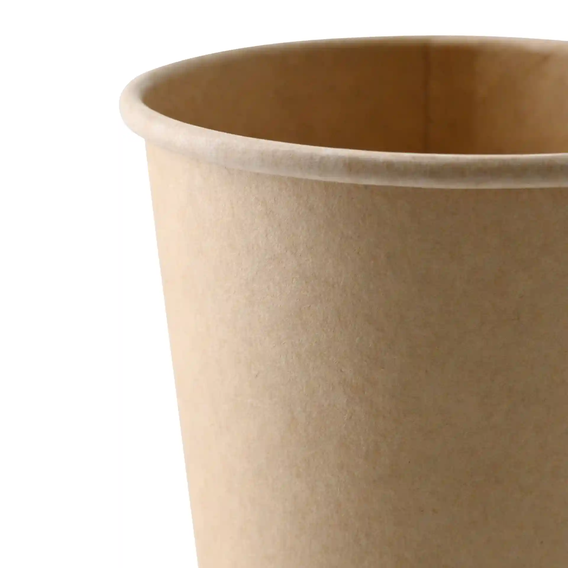 Brauner Becher aus Papier mit einfacher Wand, 300 ml Fassungsvermögen und einem Durchmesser von 90 mm.