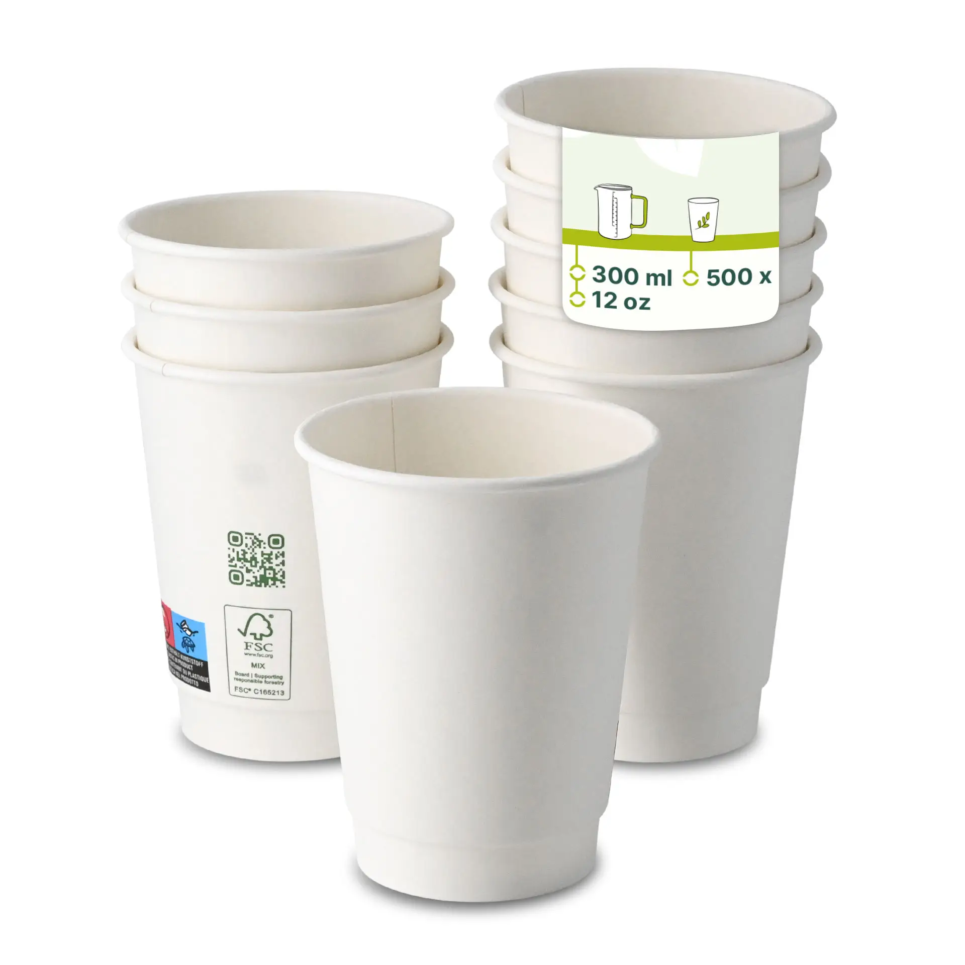 One white double-walled paper cup in focus, surrounded by several similar cups; cups suitable for hot and cold drinks.