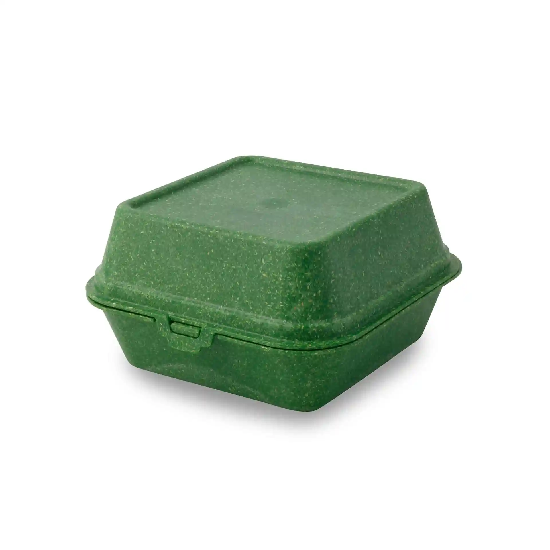 Grüne wiederverwendbare Burgerbox in quadratischer Form, 16 x 15 x 8,5 cm, aus biologischem Verbundmaterial.