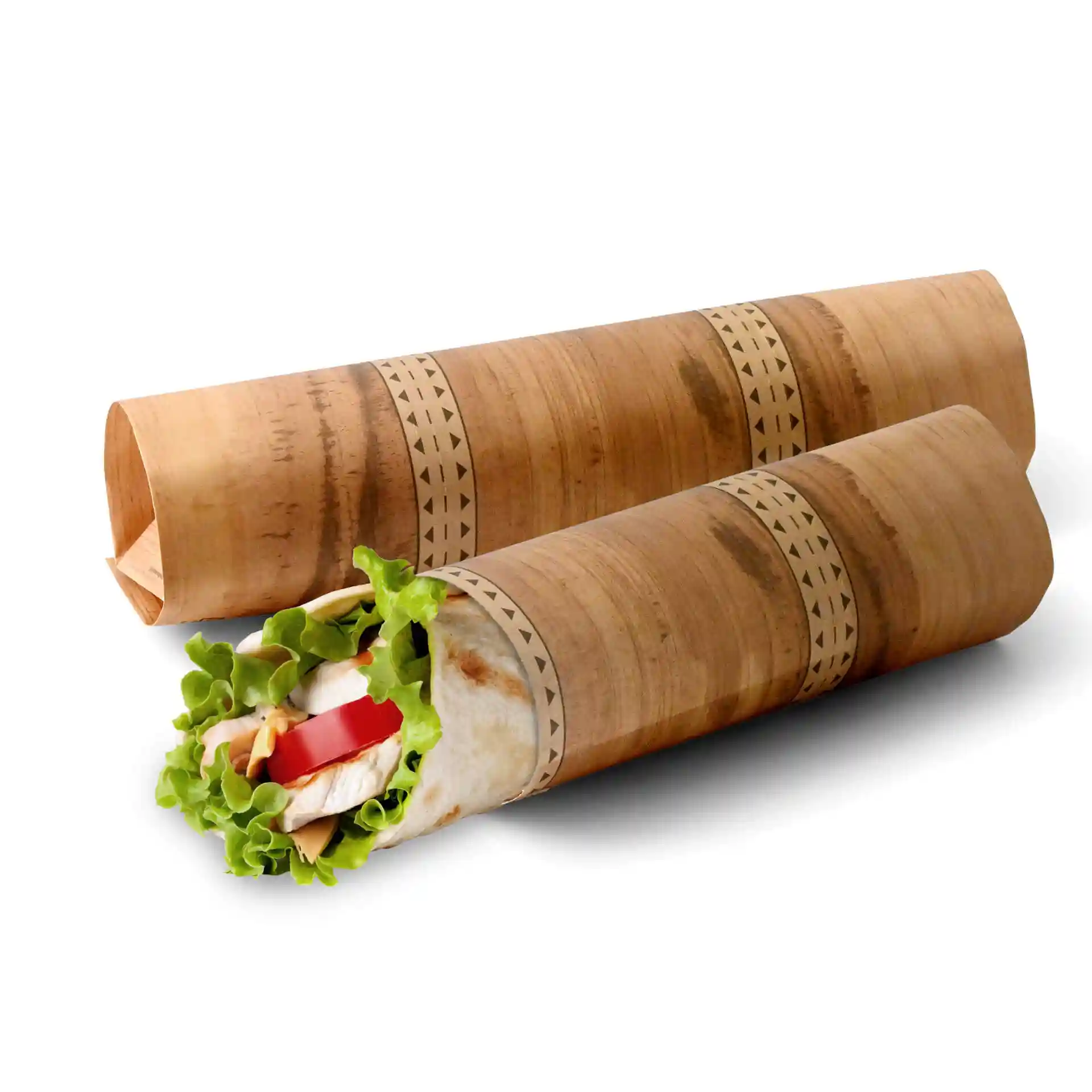 Brown kraft paper wrap bag, prefolded, with a filled wrap showing lettuce, tomato, and chicken inside.