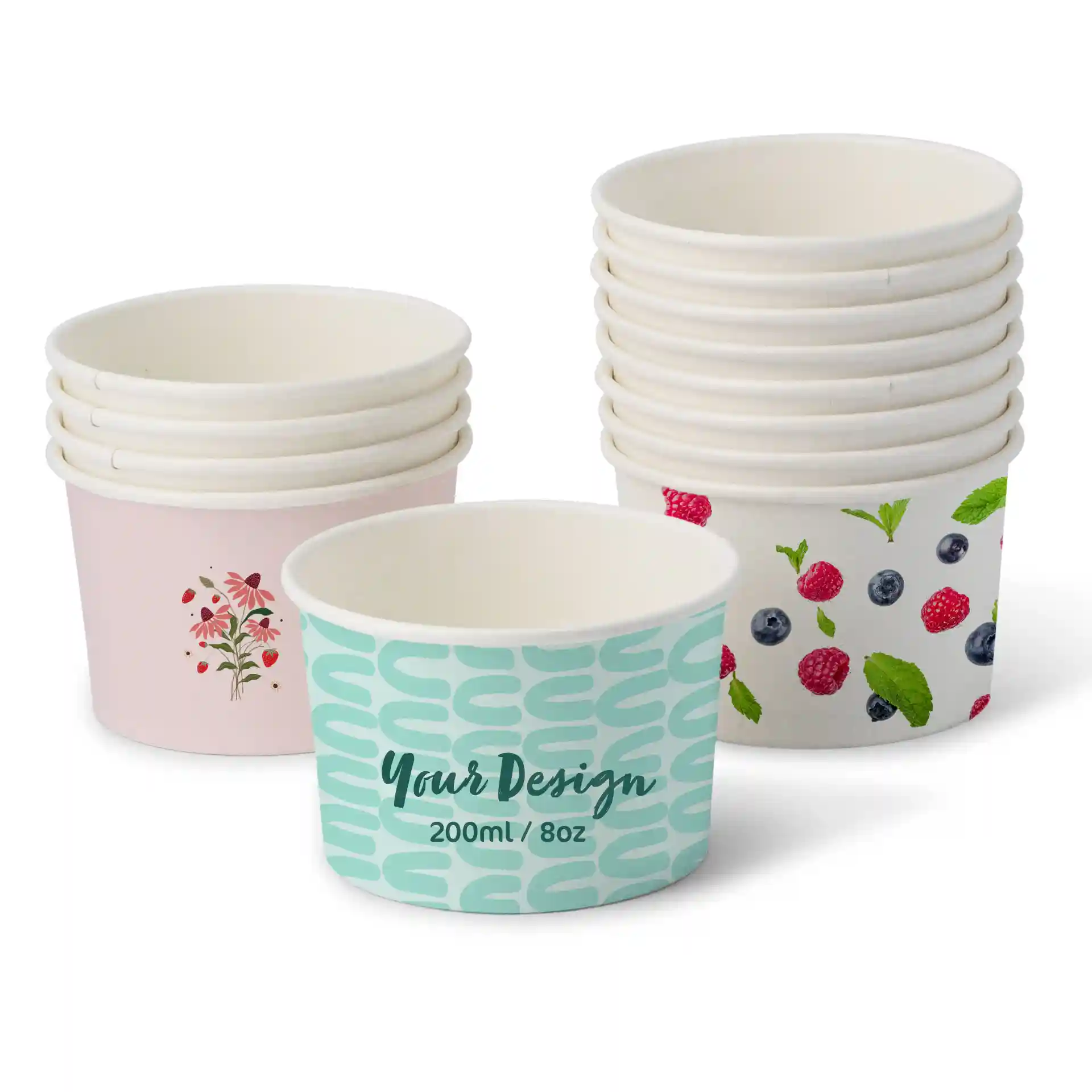 Runde Becher für Eiscreme in verschiedenen Designs, darunter ein pinkes Blumenmuster und ein blaues Muster, mit einem Fassungsvermögen von 200 ml.