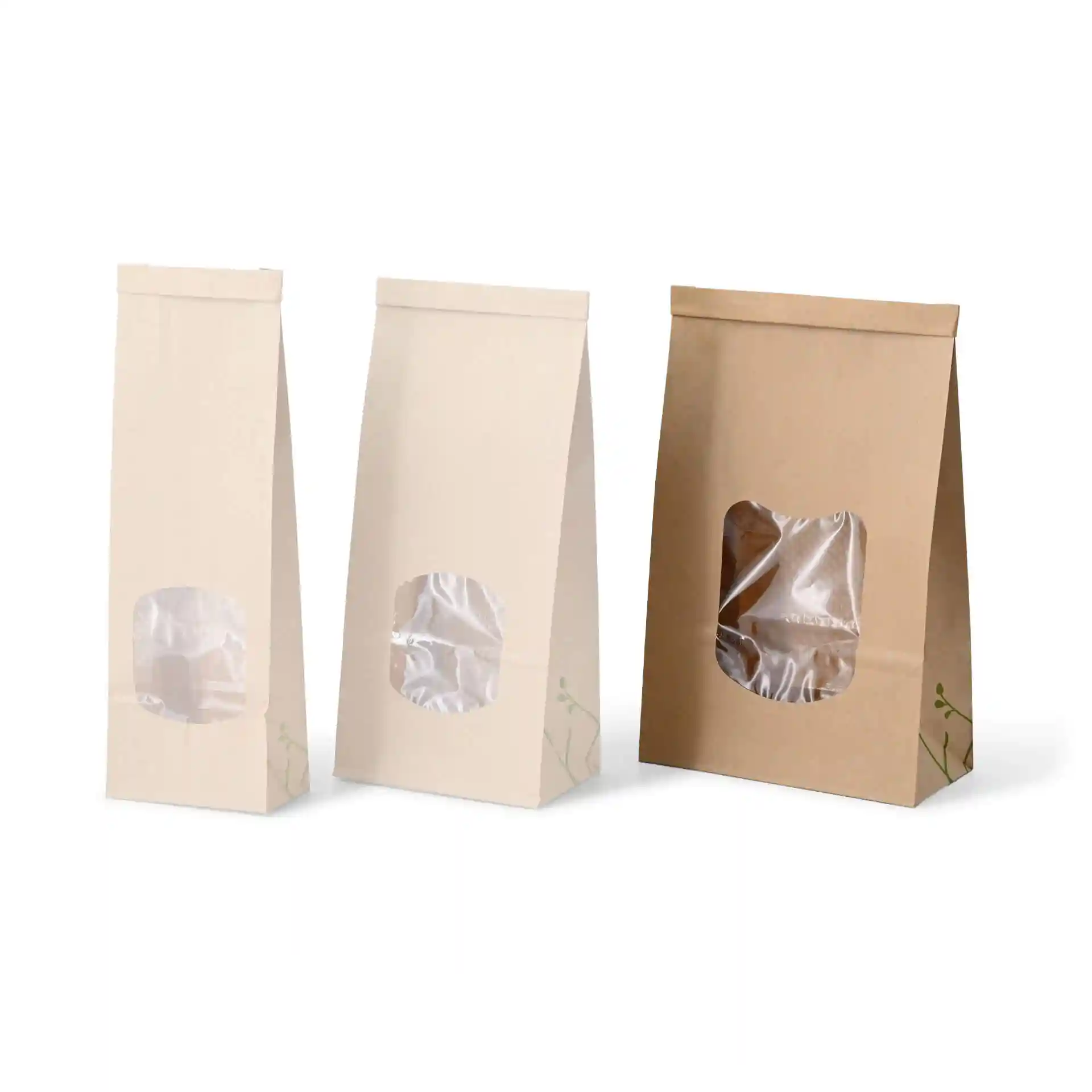 Three block bottom bags with a transparent window, two in light brown and one in dark brown, displayed together.