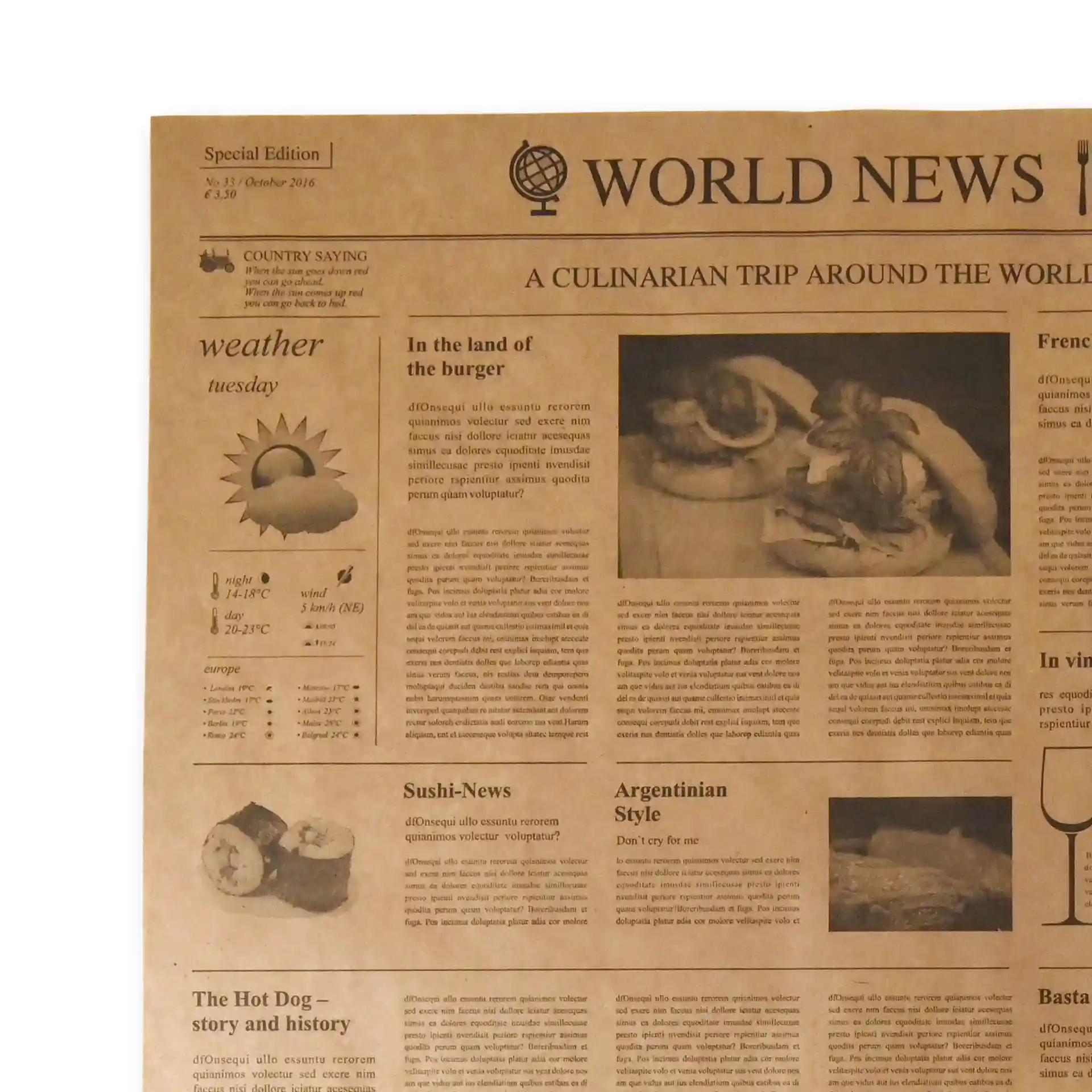 Image of greaseproof paper with a newspaper print design, measuring 50 x 37.5 cm, in a kraft color.