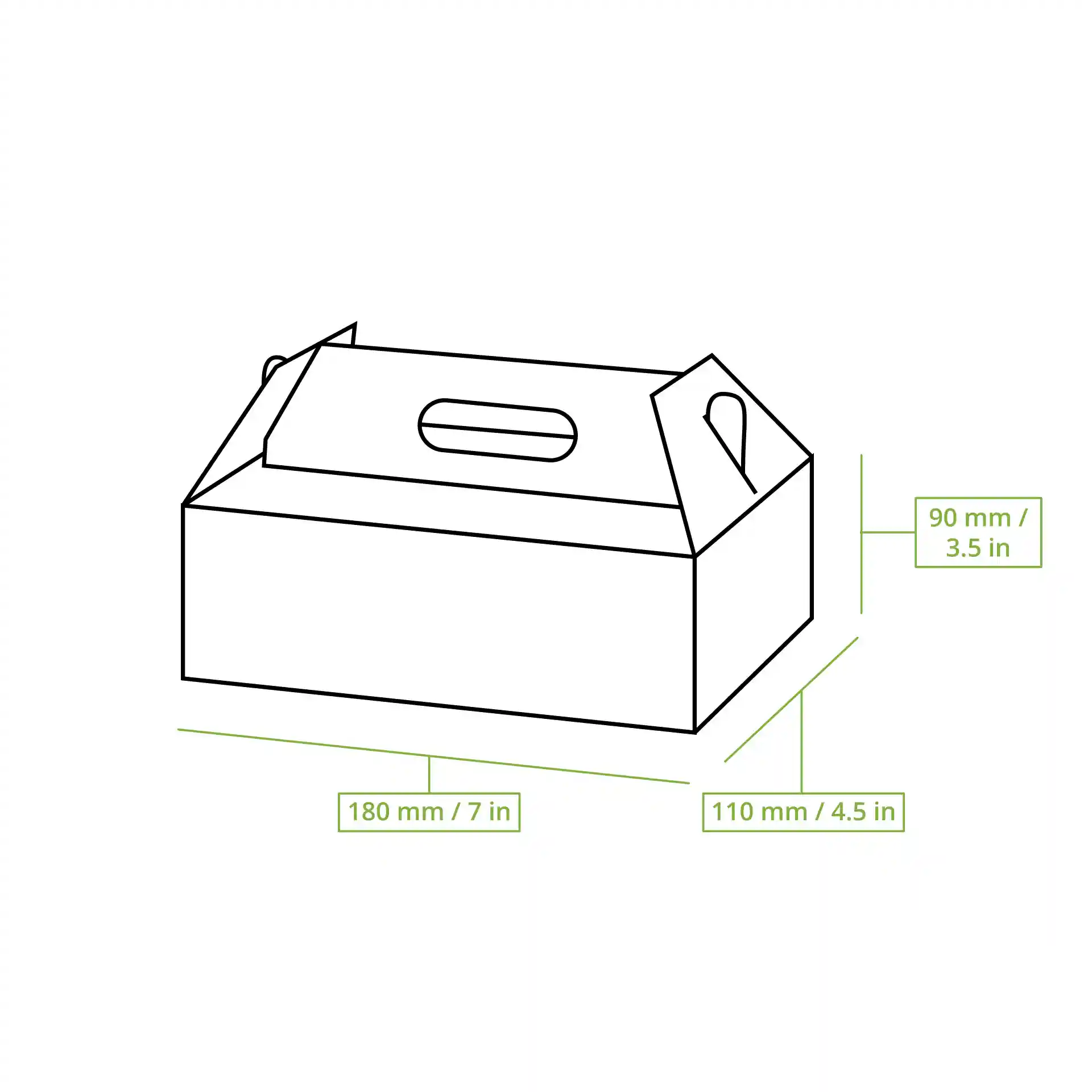 Schematische Zeichnung einer rechteckigen Pappkuchenbox mit Maßen: 180 mm Länge, 110 mm Breite, 90 mm Höhe.