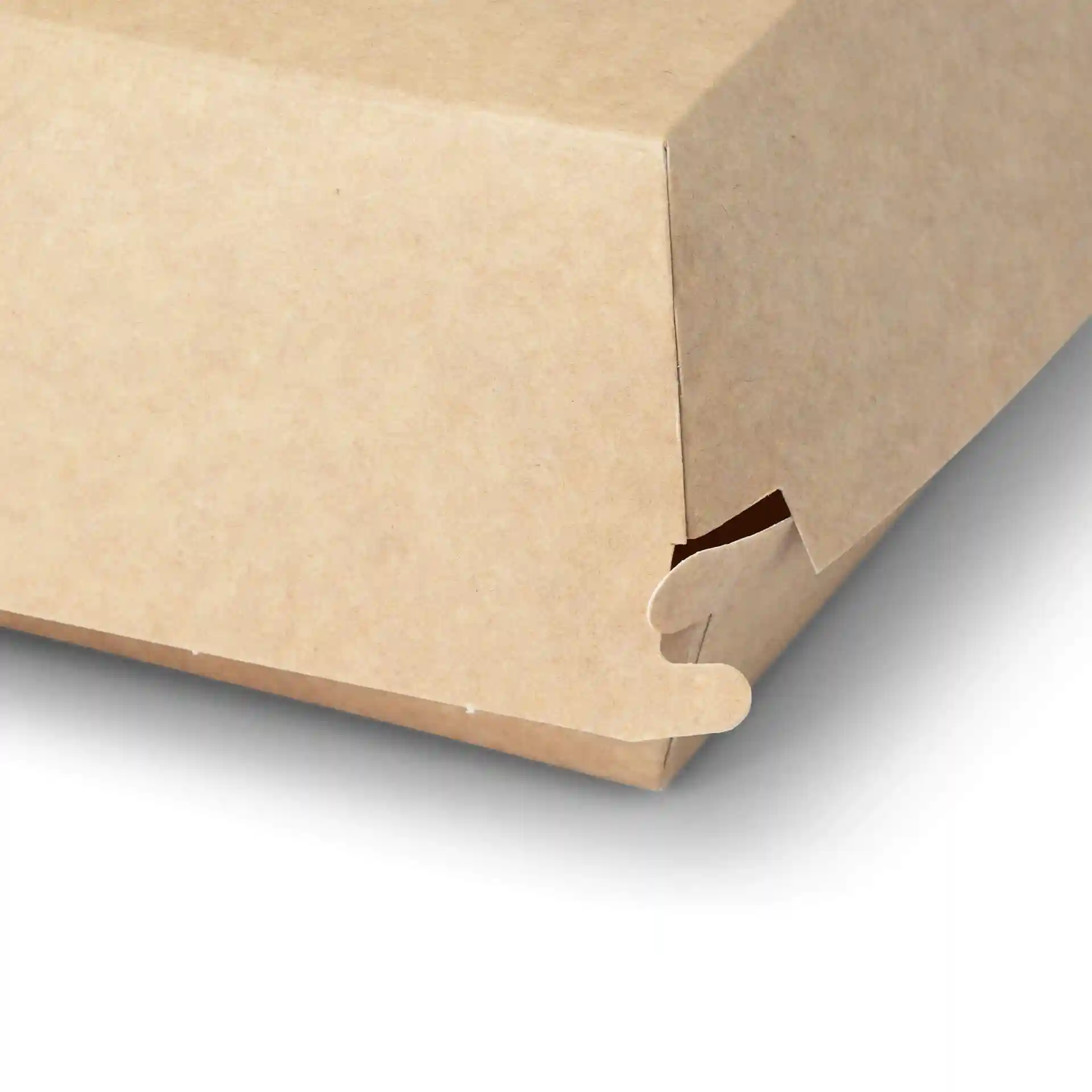 Braune Papp-Takeaway-Burgerbox in quadratischer Form mit Klappverschluss.