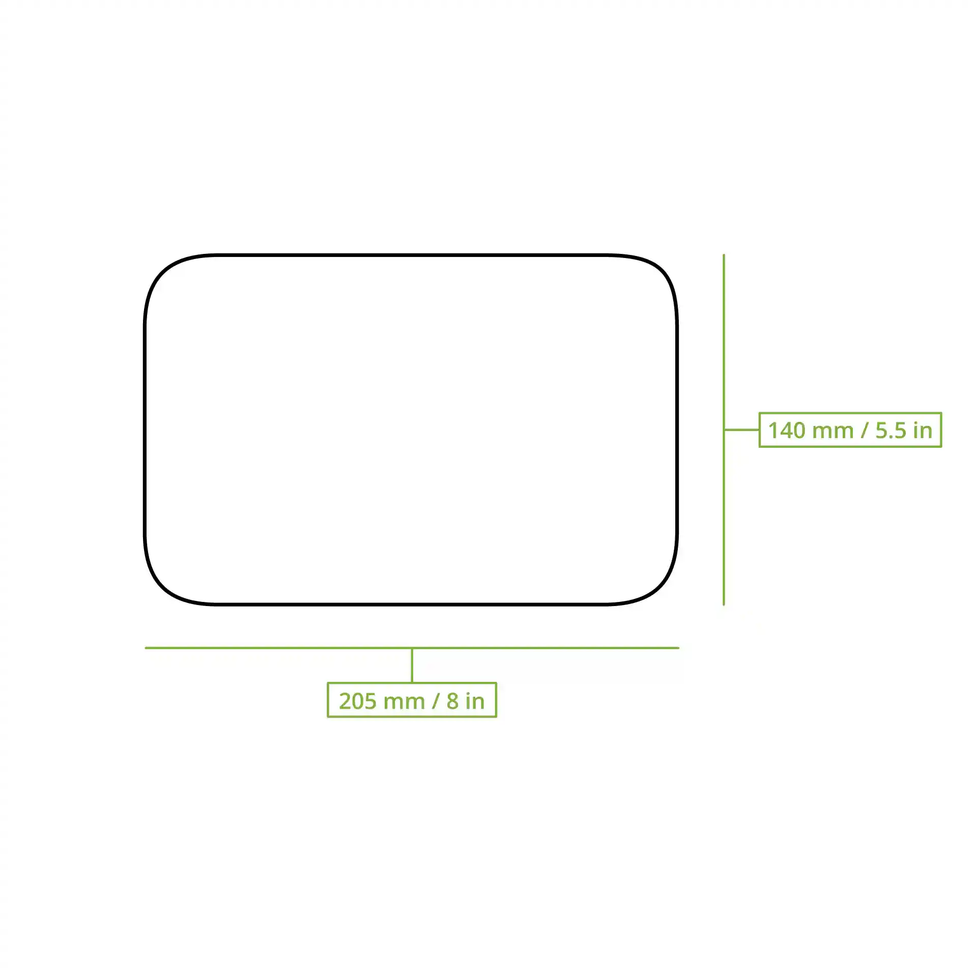 Schematic drawing of a rectangular lid with dimensions 205 mm by 140 mm.