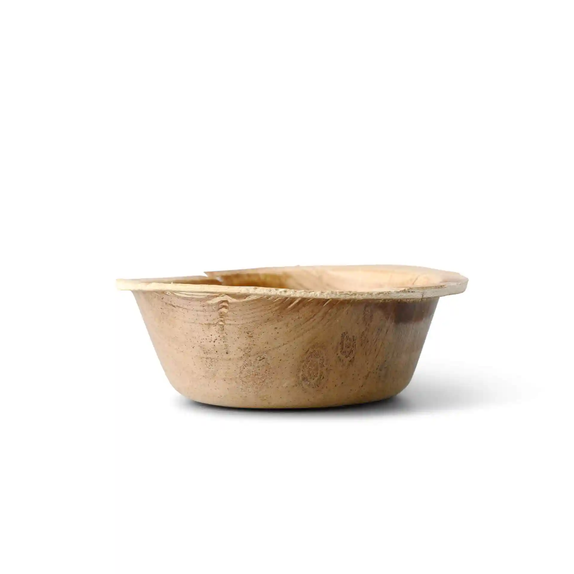 Runde Dip-Schale aus Palmblatt mit Holzmaserung, 50 ml Fassungsvermögen, 25 mm Höhe und 78 mm Durchmesser.