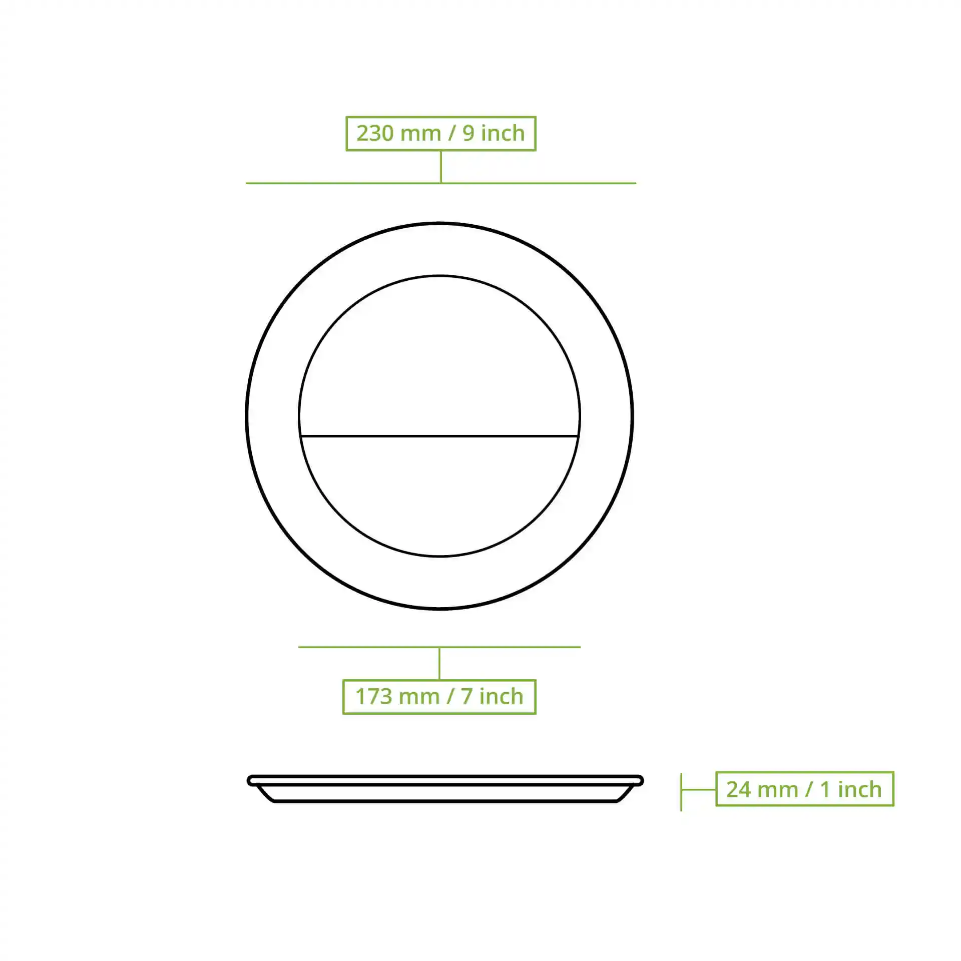 Schematic drawing of a round sugarcane menu plate with two compartments, showing dimensions of 230 mm and 24 mm.