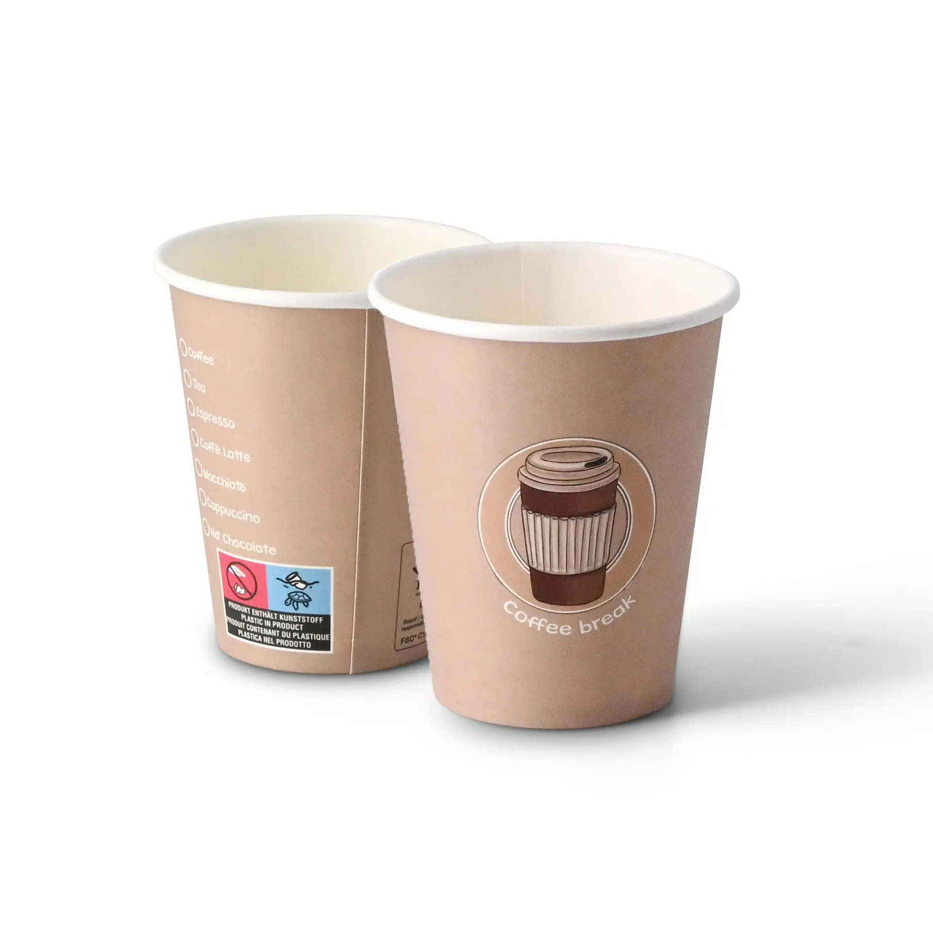 Runder 8 oz Pappbecher mit Kaffeedesign und "Coffeebreak"-Label, zwei Becher aus verschiedenen Blickwinkeln.