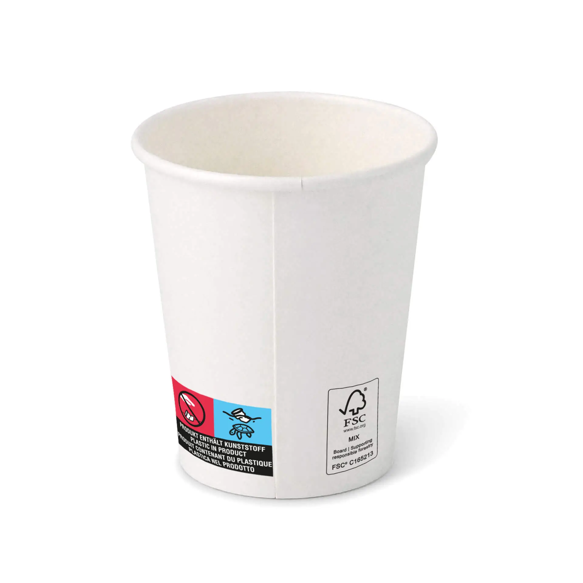 One white 8 oz paper cup with a PE coating, featuring a classic design and visible markings on the side.