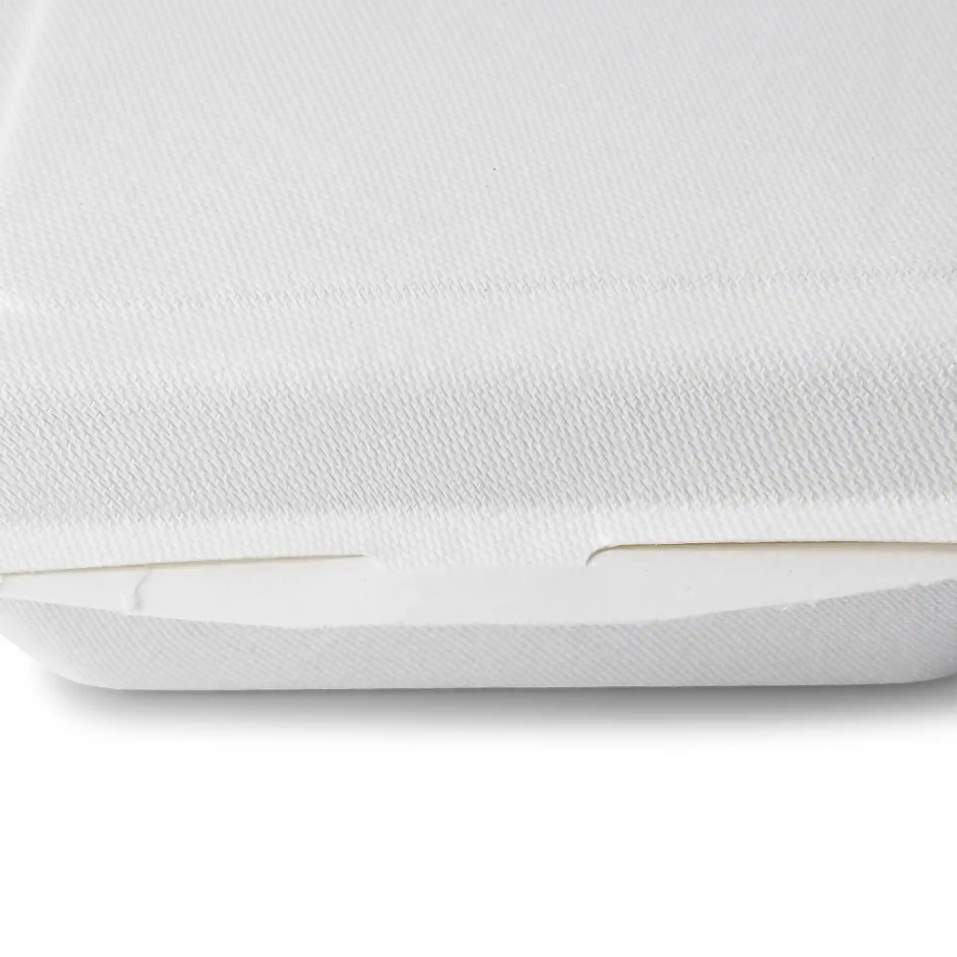 White rectangular sugarcane food container with a hinged lid, showing textured surface and edges.