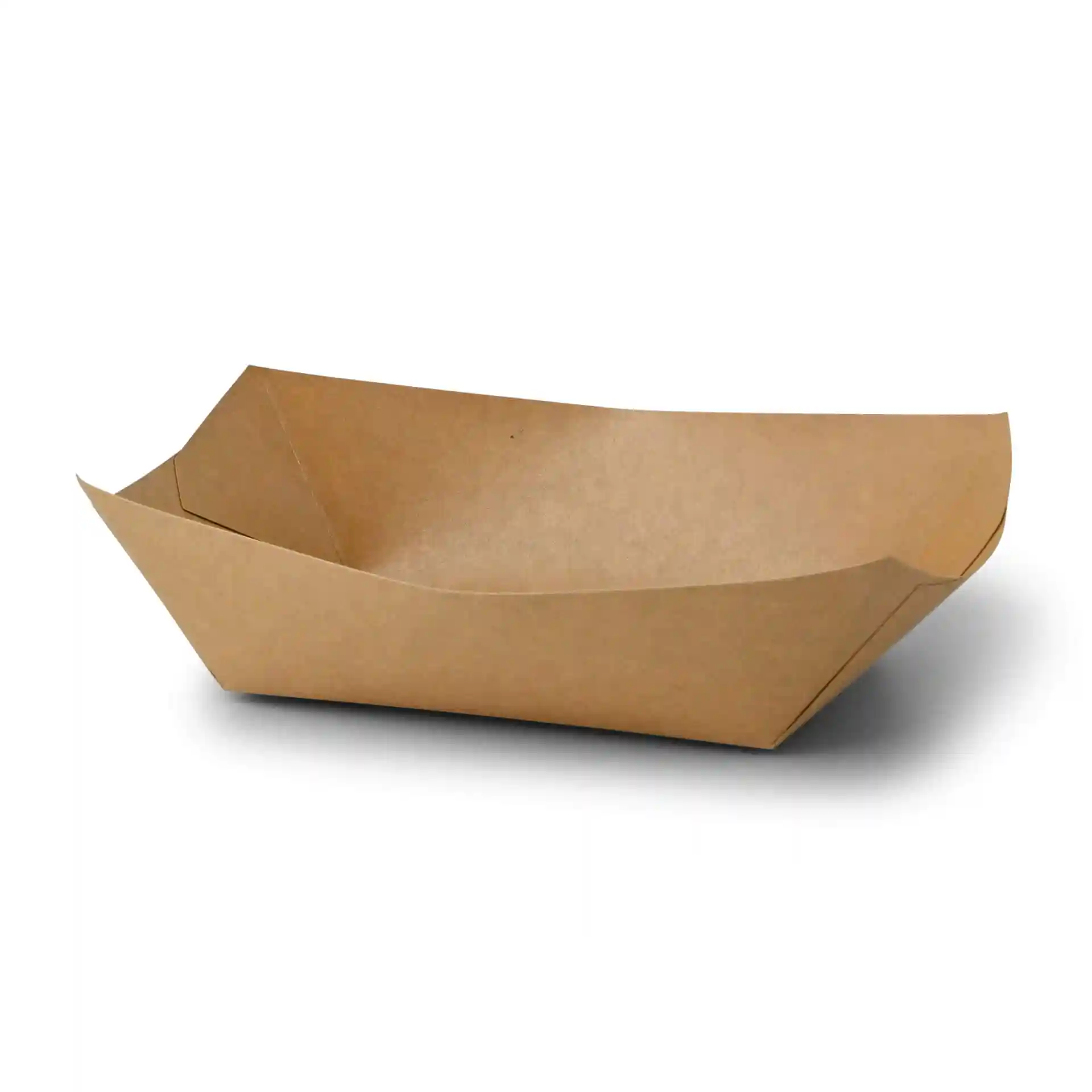 Brown cardboard snack tray with dimensions 21.5 x 16 x 5.5 cm, featuring a shallow, open design.