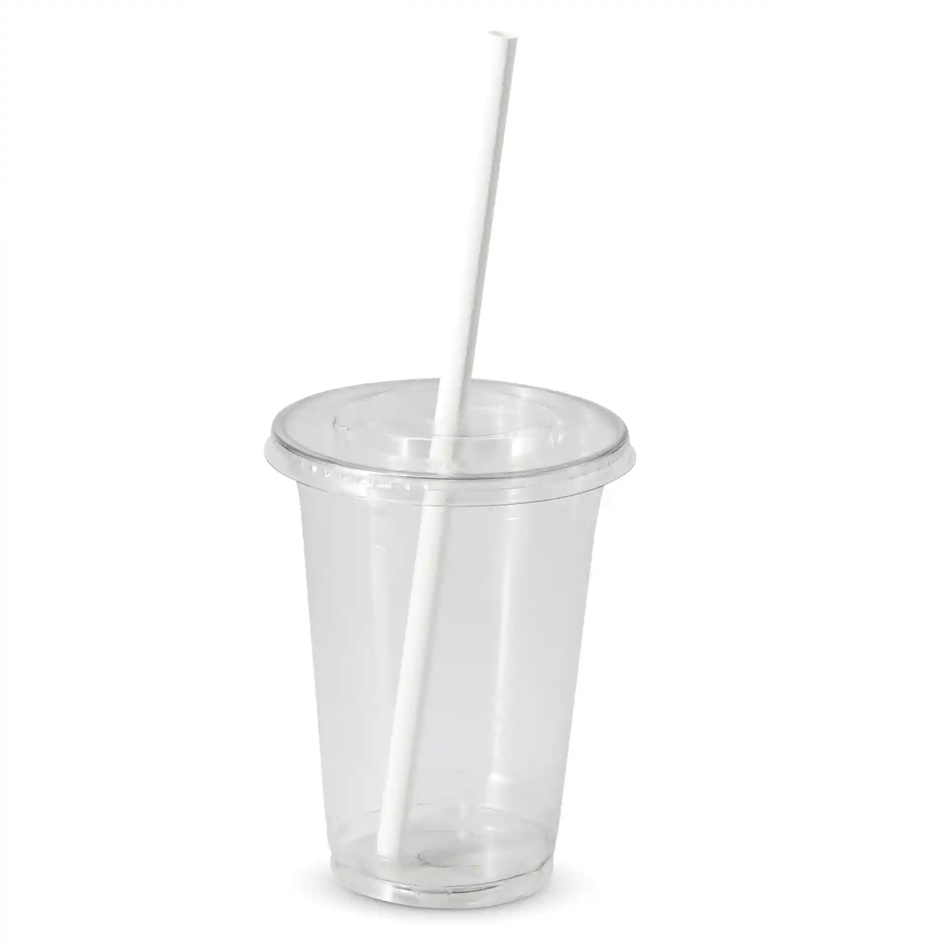Clear plastic cup with a white straw, featuring a lid and a smooth surface.