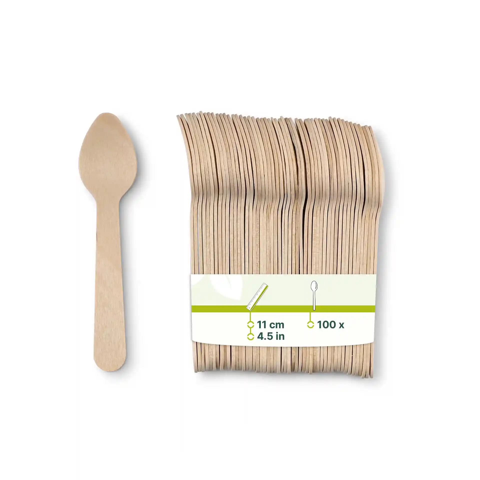 Wooden espresso spoon, 11 cm long, with a stack of multiple spoons and a label indicating quantity and dimensions.
